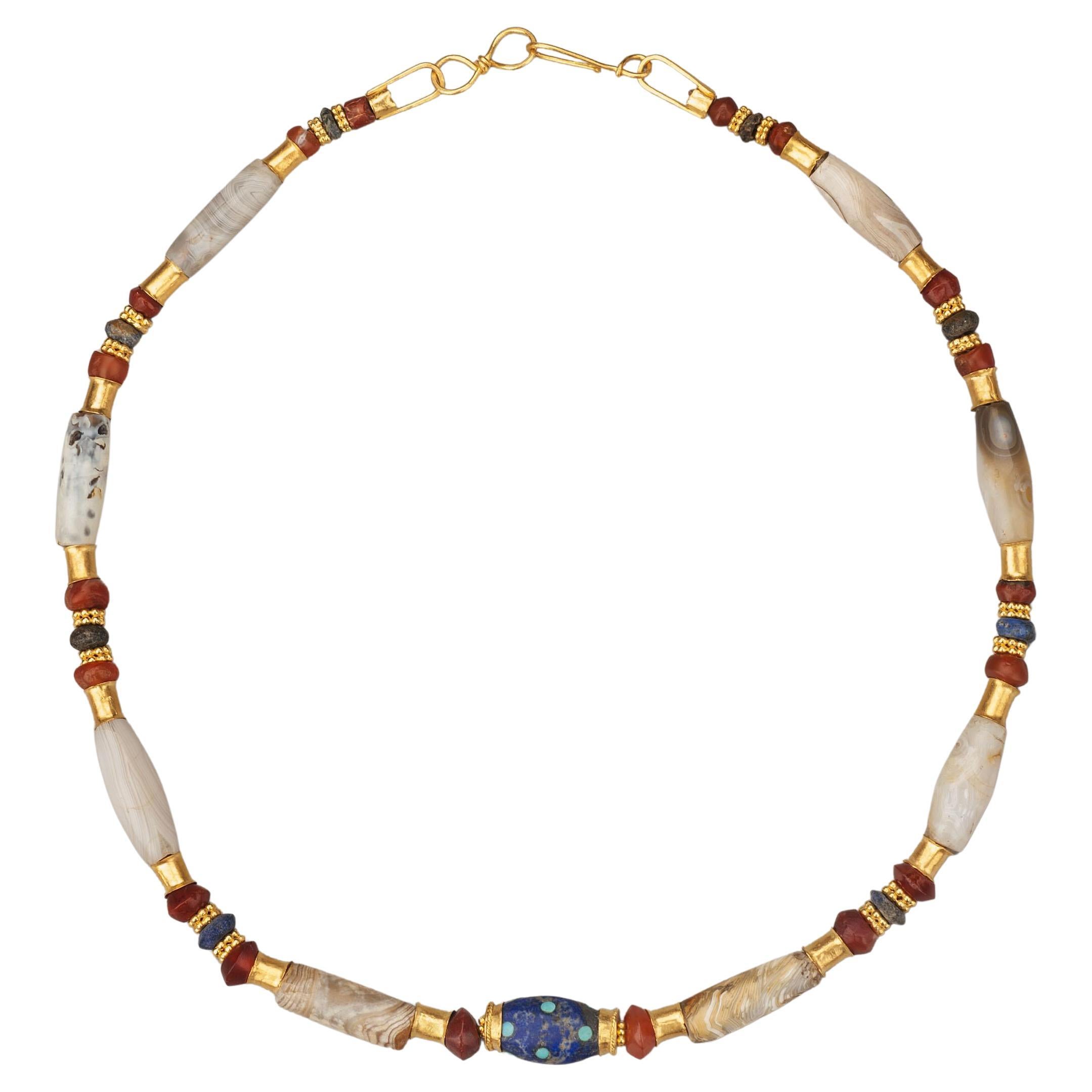 Ancient Chalcedony, Carnelian, 20k Gold, Lapis Center Bead Inlaid with Turquoise For Sale