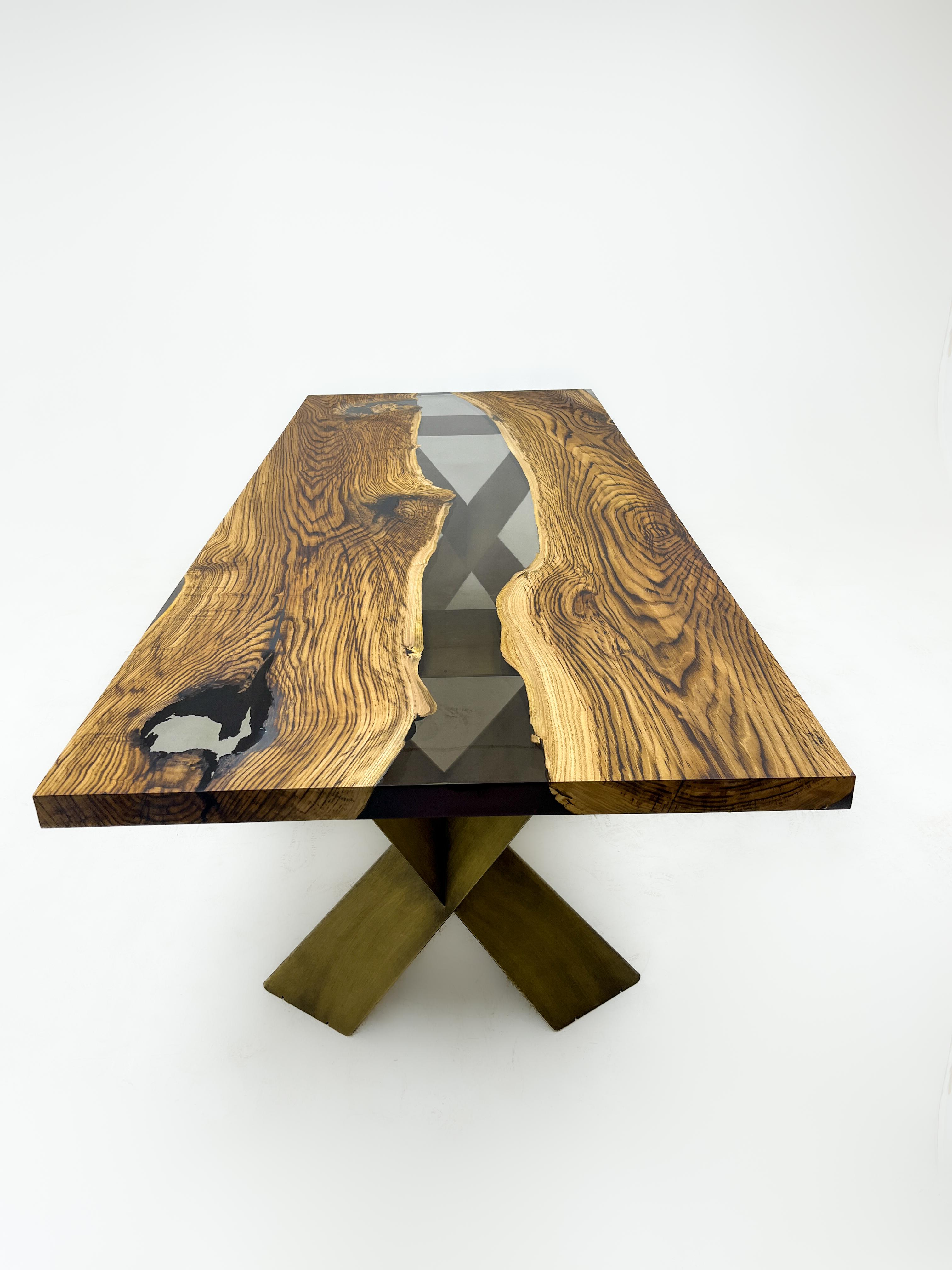Contemporary Antique Chesnut Epoxy Resin River Dining Table For Sale