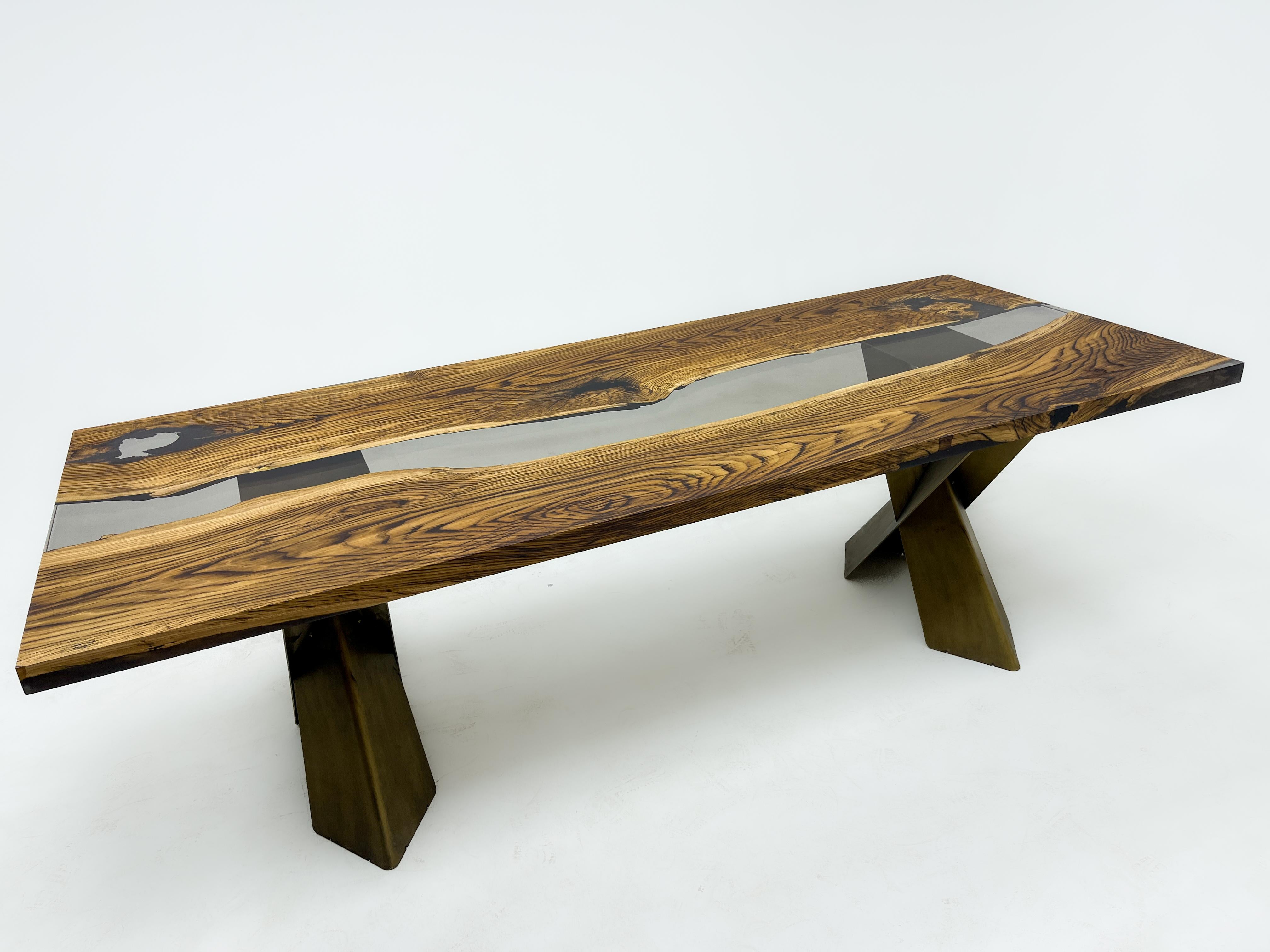 Antique Chesnut Epoxy Resin River Dining Table For Sale 2