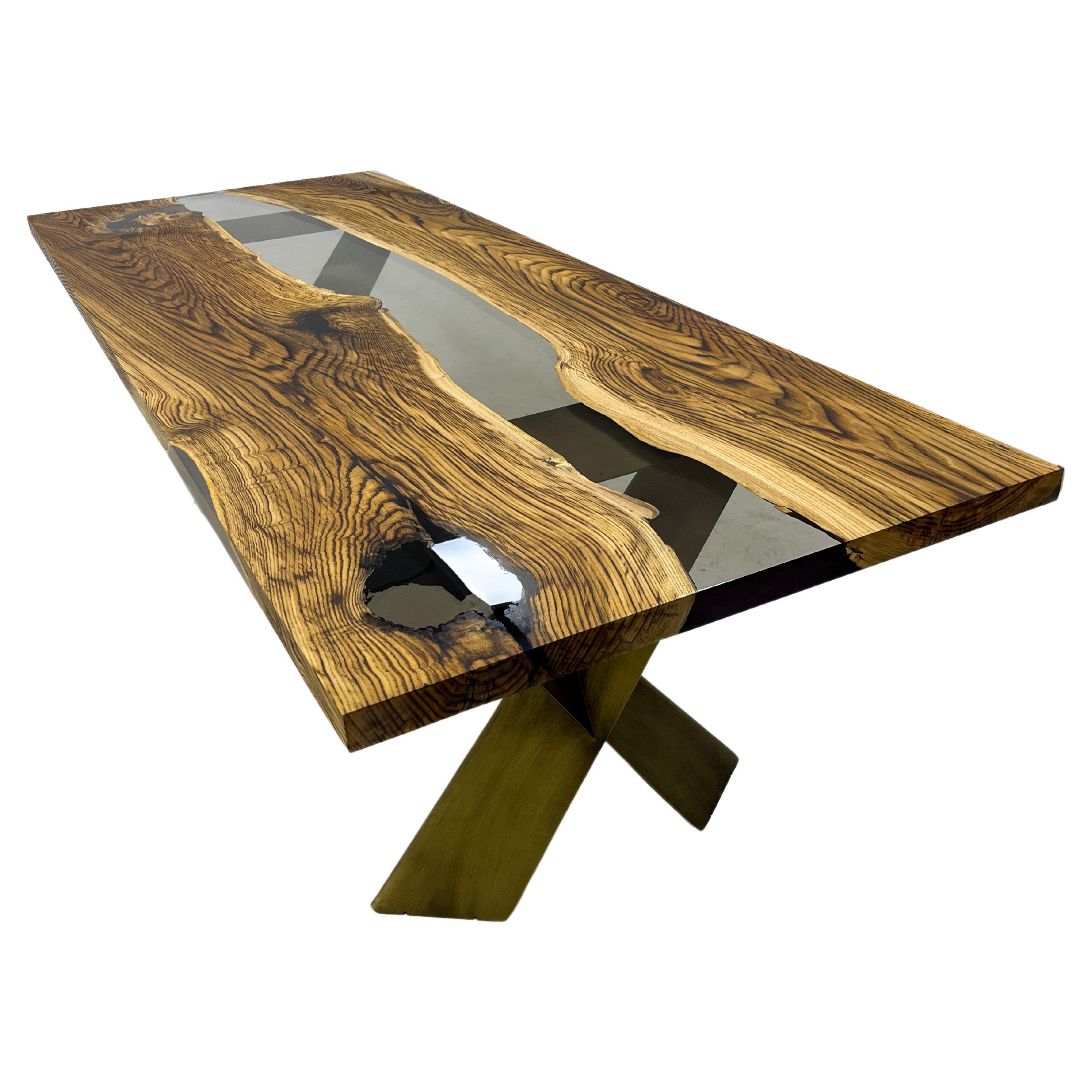 Antique Chesnut Epoxy Resin River Dining Table For Sale