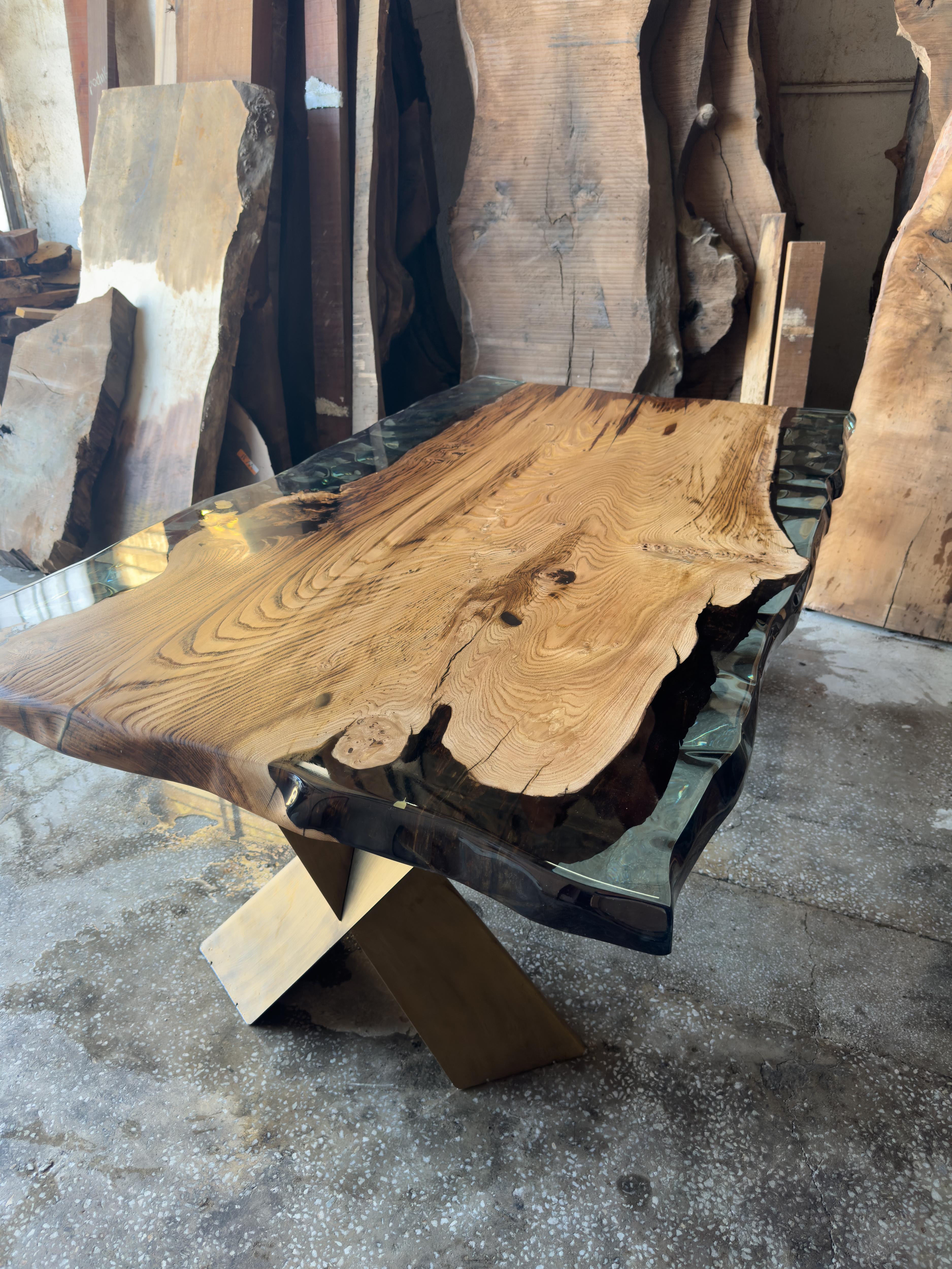 Arts and Crafts Ancient Chesnut Epoxy Resin Wooden Live Edge River Dining Table For Sale