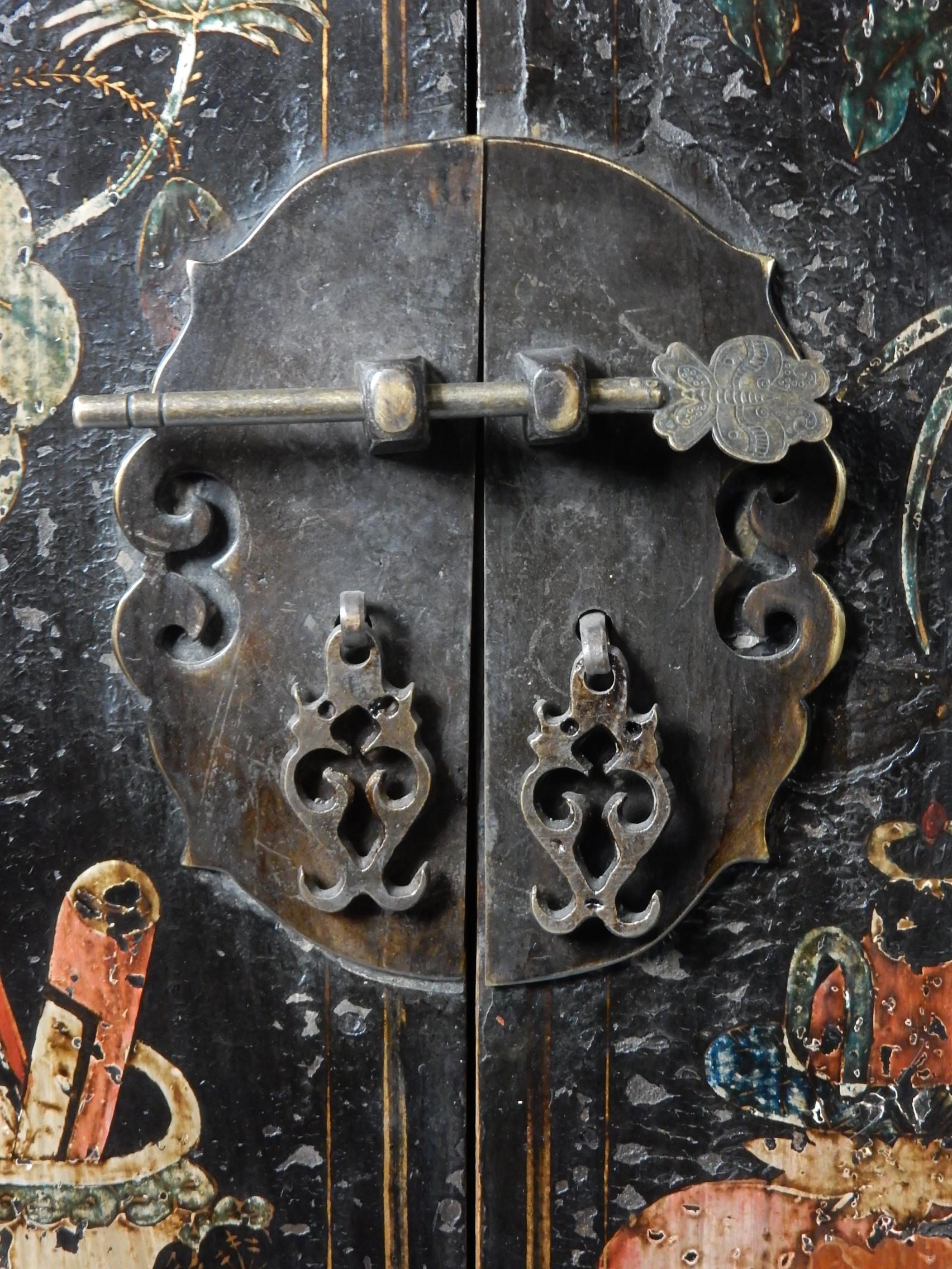 Ancient Chinese Apothecary Lacquered Cabinet Sideboard In Fair Condition In Las Vegas, NV