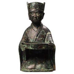 Ancient Chinese Bronze Kneeling Figure Lamp Base with Inscription