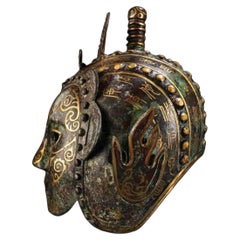 Ancient Chinese Gilded Bronze Face Armor Helmet with Gold Inlay Mask