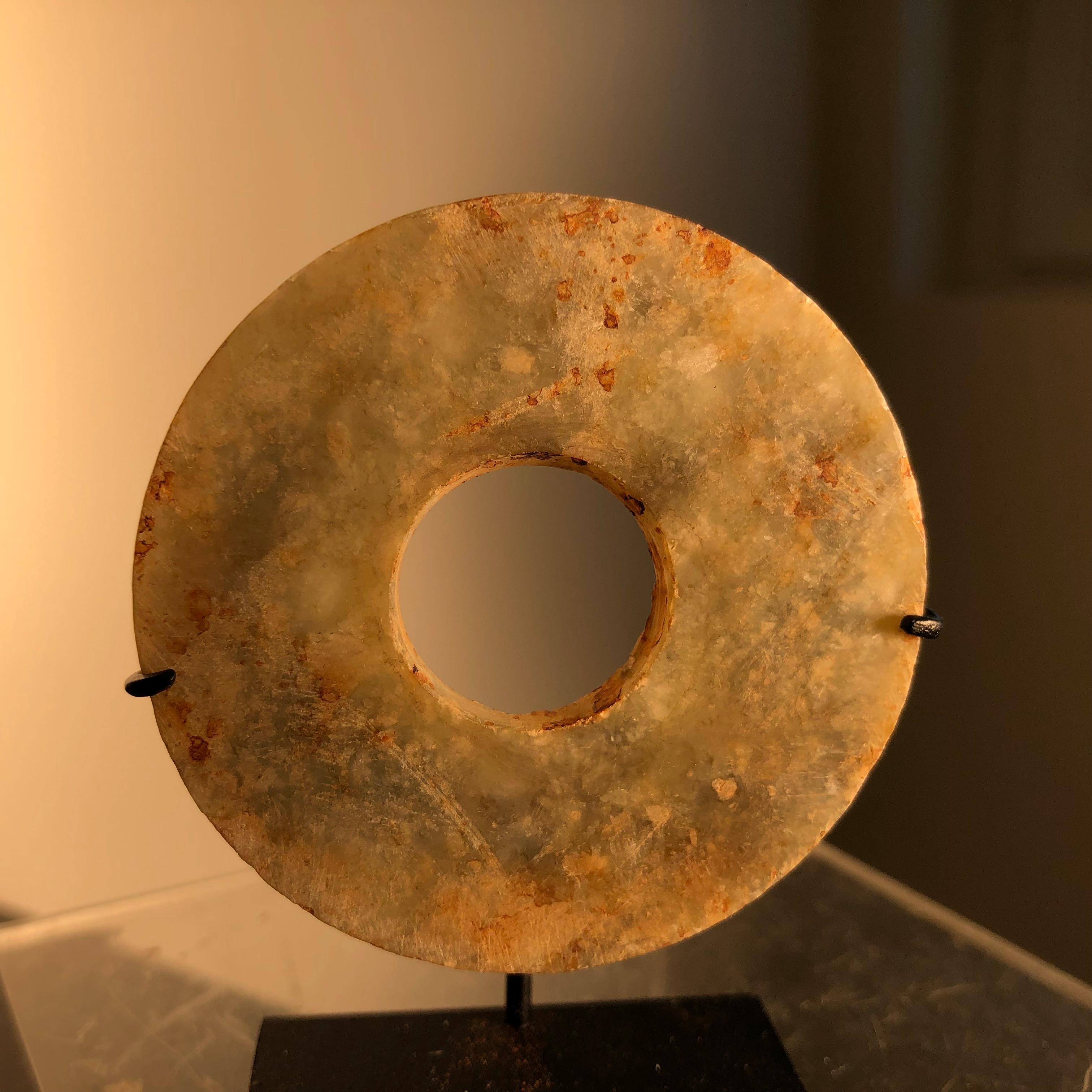  Ancient Chinese Hand-Carved Jade Bi Genuine Specimen from 2000 BC In Good Condition In South Burlington, VT
