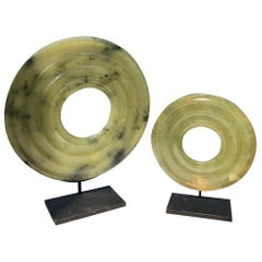Antique Ancient Chinese Handmade Jade Bi Group Two Genuine Artifacts from 2000 BC