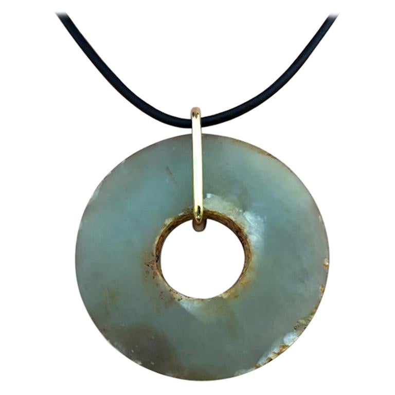 Ancient Chinese "Heavenly Green Jade Bi" 18 Karat Gold Amulet Necklace