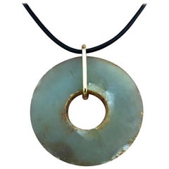Ancient Chinese "Heavenly Green Jade Bi" 18-Karat Gold Amulet Necklace Unique