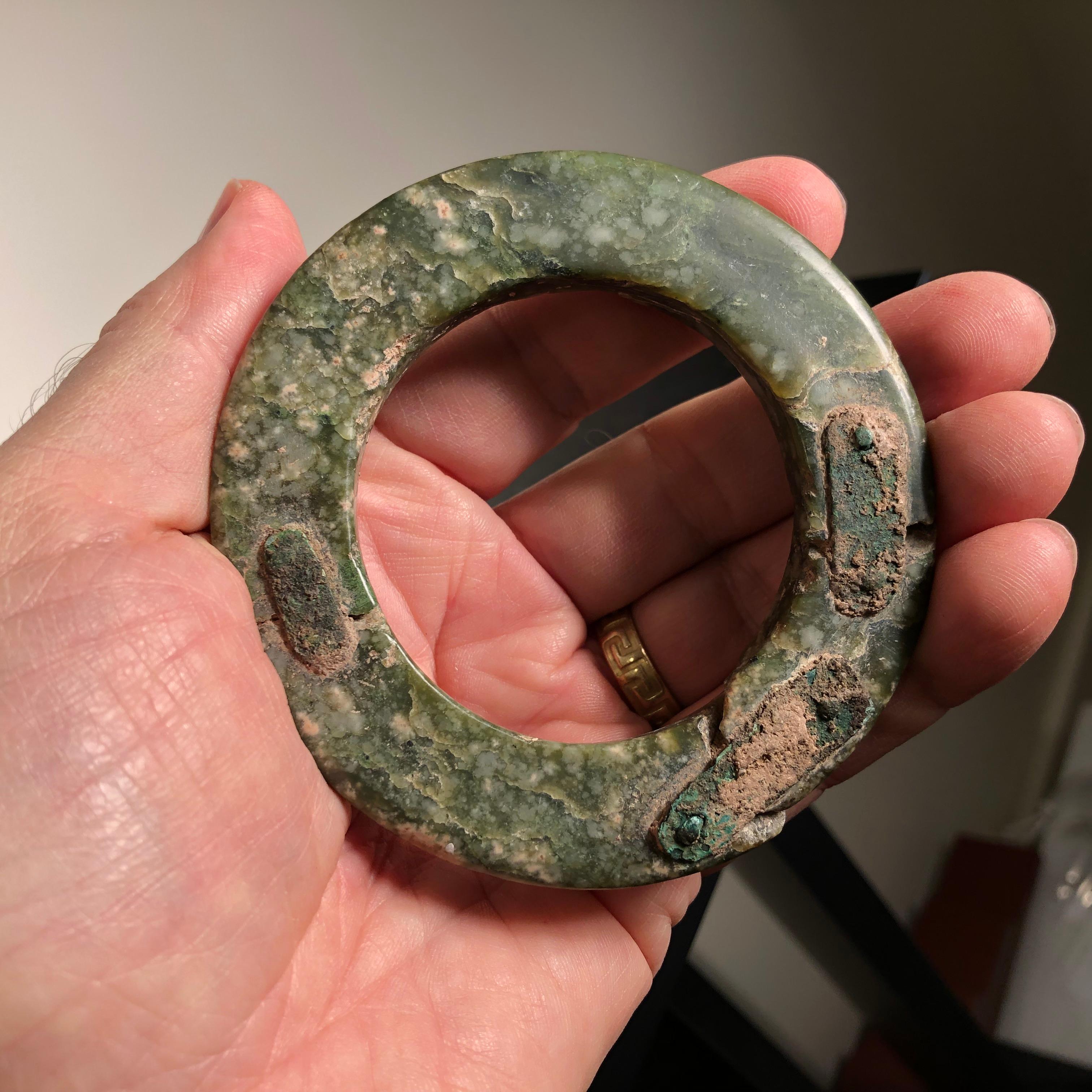 Ancient Chinese Heavenly Jade Bracelet Unusual with Ancient Copper Repair 5