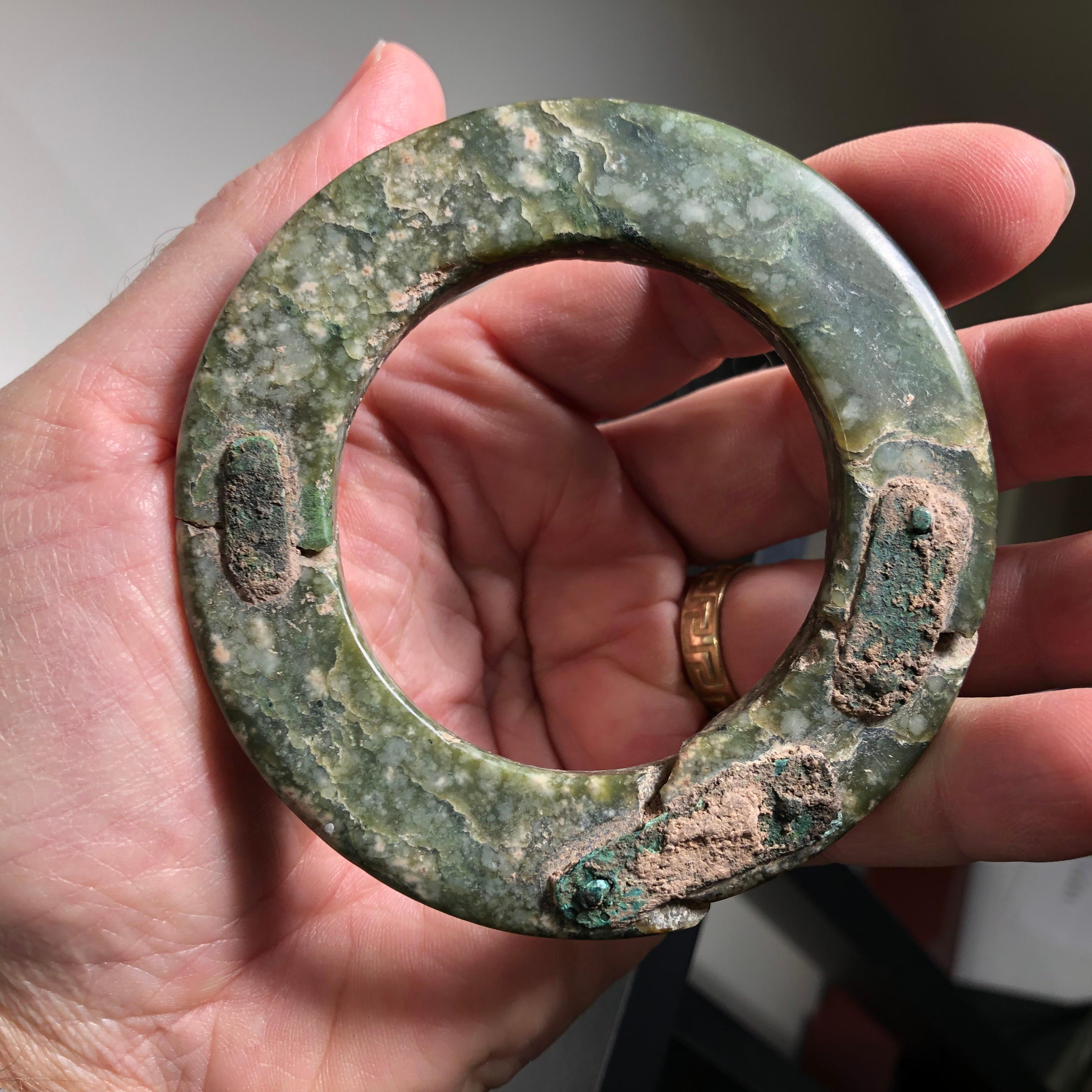 Ancient Chinese Heavenly Jade Bracelet Unusual with Ancient Copper Repair 6