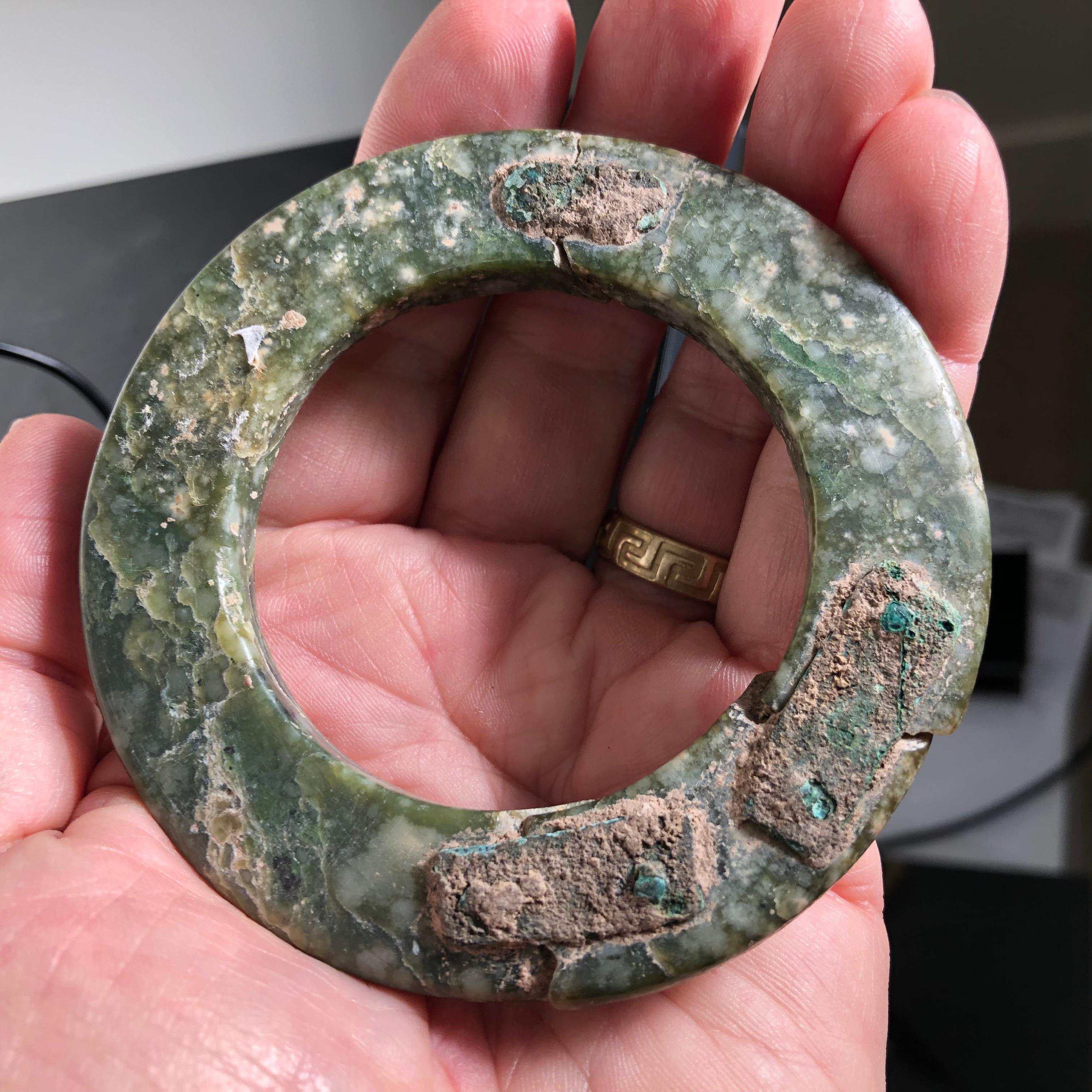 Ancient Chinese Heavenly Jade Bracelet Unusual with Ancient Copper Repair 8