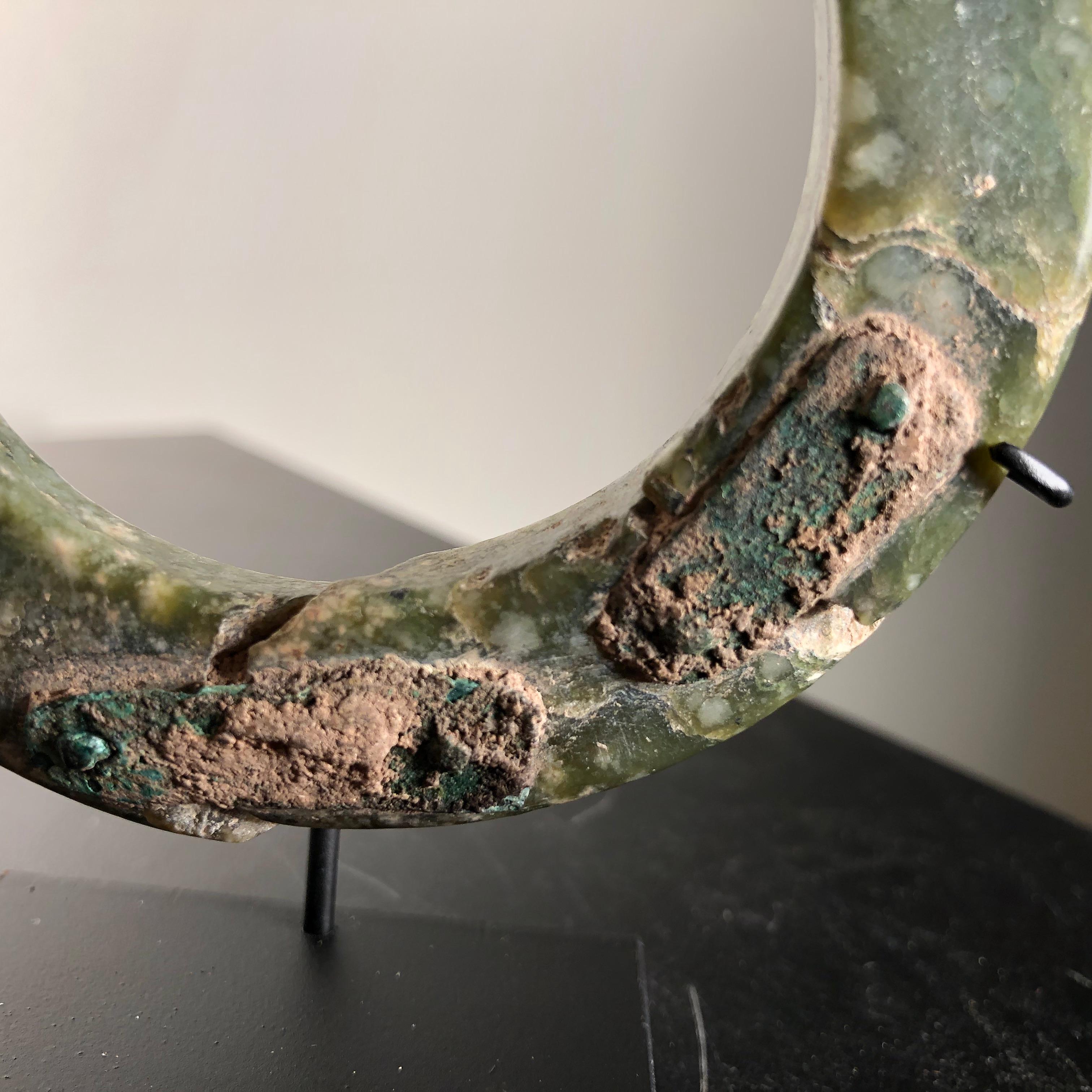 Hand-Crafted Ancient Chinese Heavenly Jade Bracelet Unusual with Ancient Copper Repair