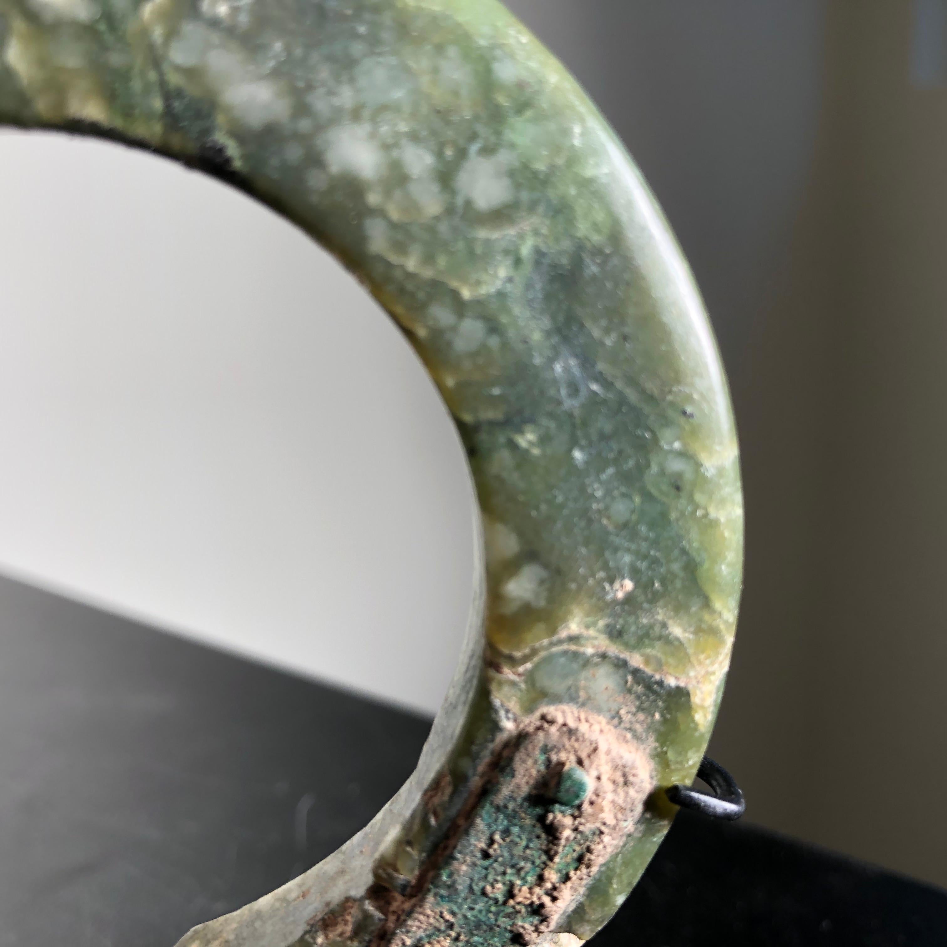 Ancient Chinese Heavenly Jade Bracelet Unusual with Ancient Copper Repair In Good Condition In South Burlington, VT