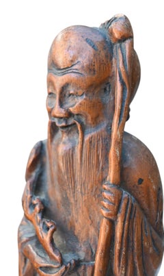 Ancient Chinese Qing Dynasty Carved Bamboo Statue from a Sage