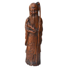 Ancient Chinese Qing Dynasty Carved Bamboo Statue from a Sage
