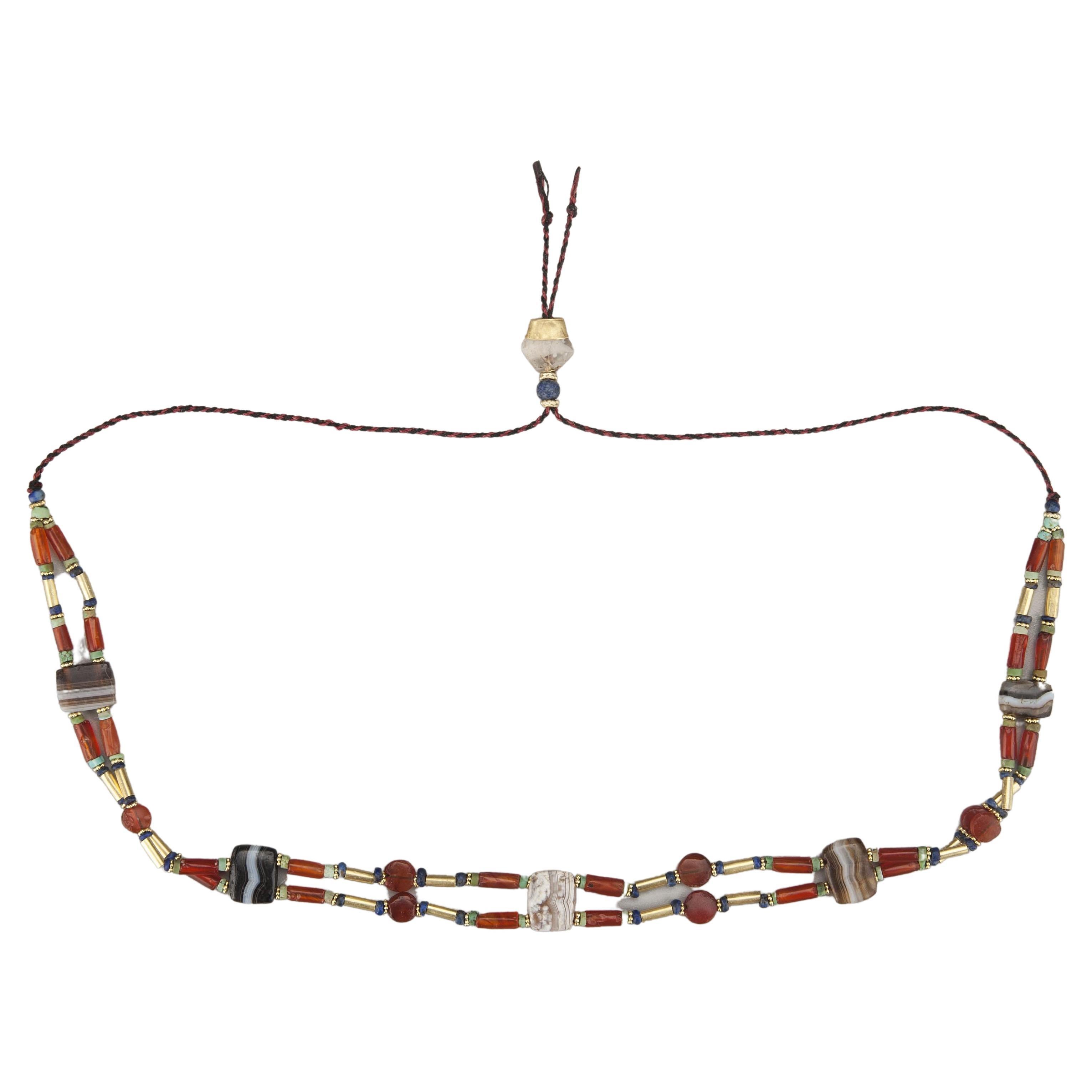 Ancient Choker with Carnelian, Turquoise, Lapis, Agate, Quartz, and 20k Gold For Sale