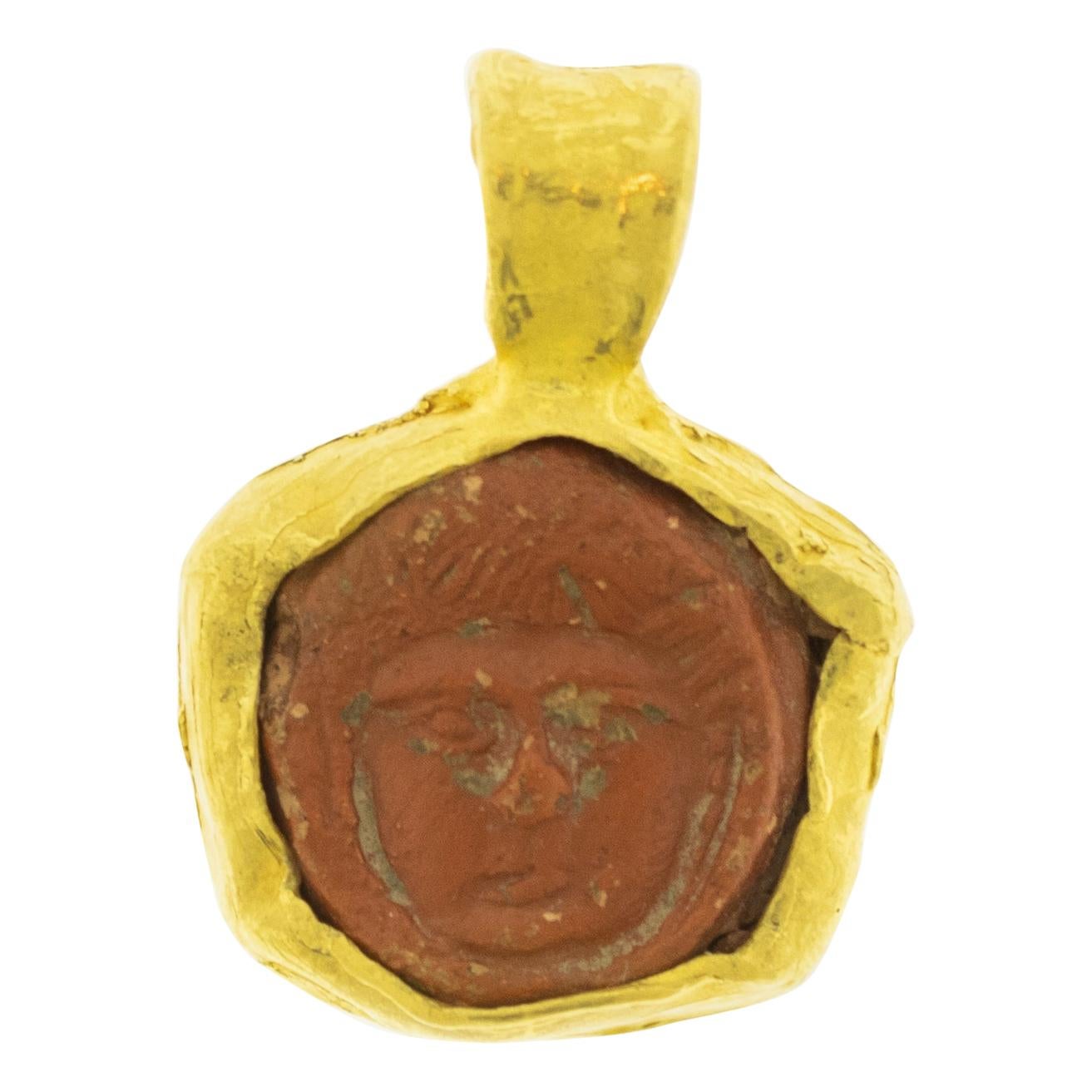 Ancient Clay Artifact Mounted in 22 Karat Gold Pendant For Sale