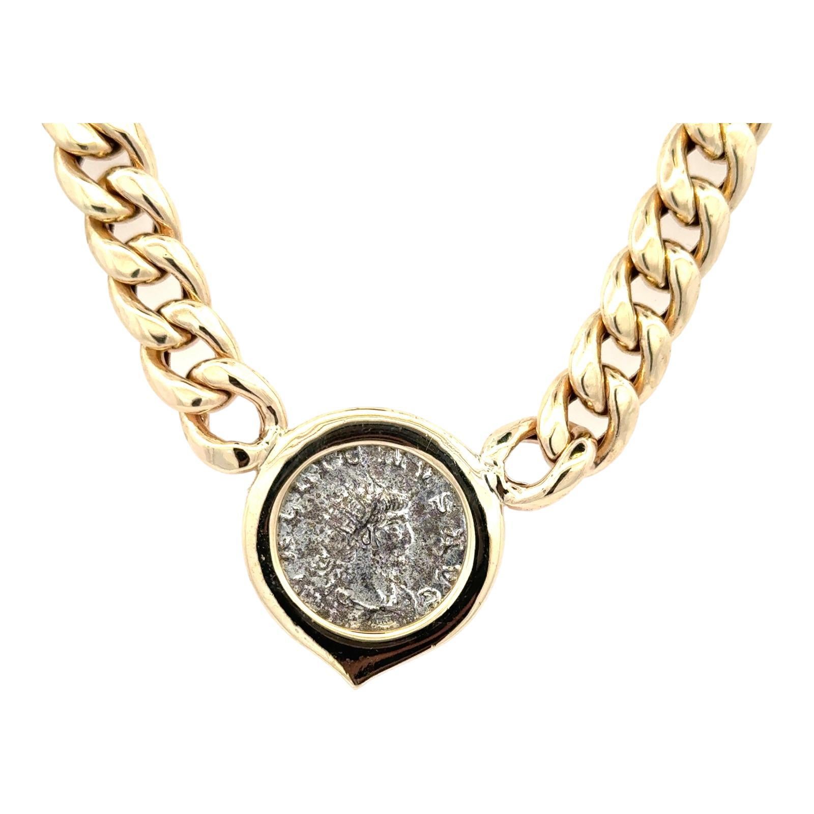 Contemporary Ancient Coin 14 Karat Yellow Gold Cuban Link Vintage Necklace