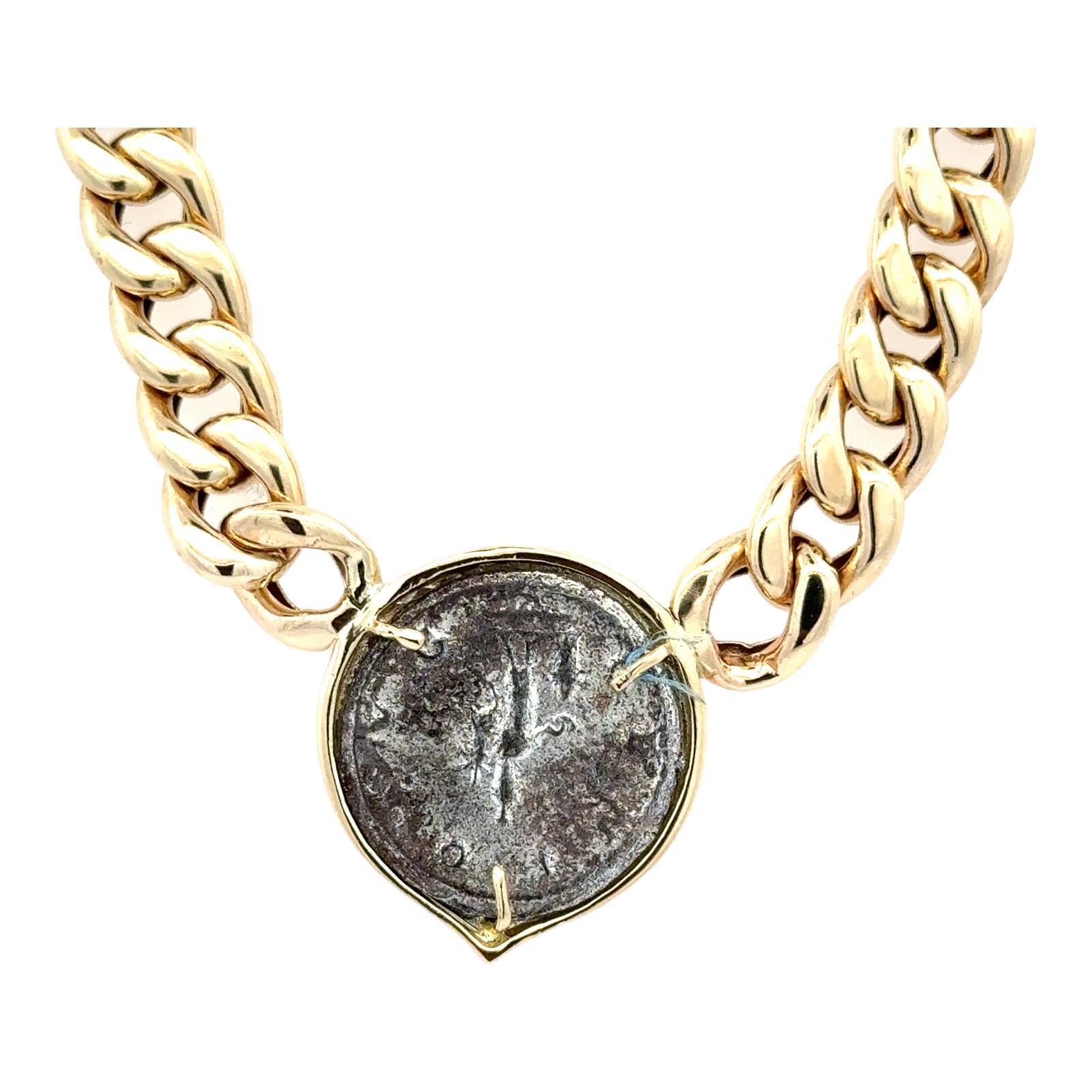 Ancient Coin 14 Karat Yellow Gold Cuban Link Vintage Necklace In Good Condition In Boca Raton, FL