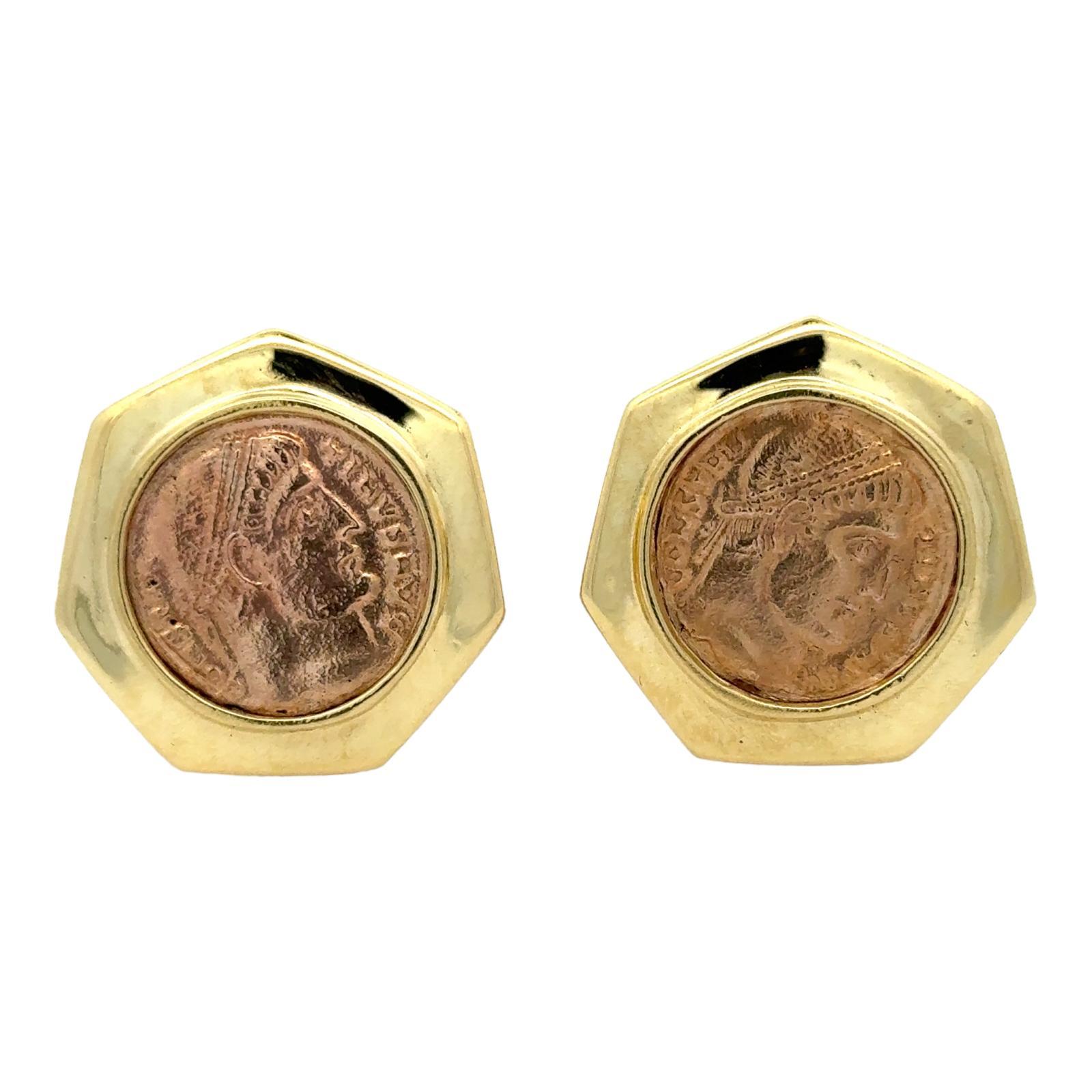 Ancient Coin 18 Karat Yellow Gold Heptagon Leverback Vintage Earrings In Good Condition In Boca Raton, FL