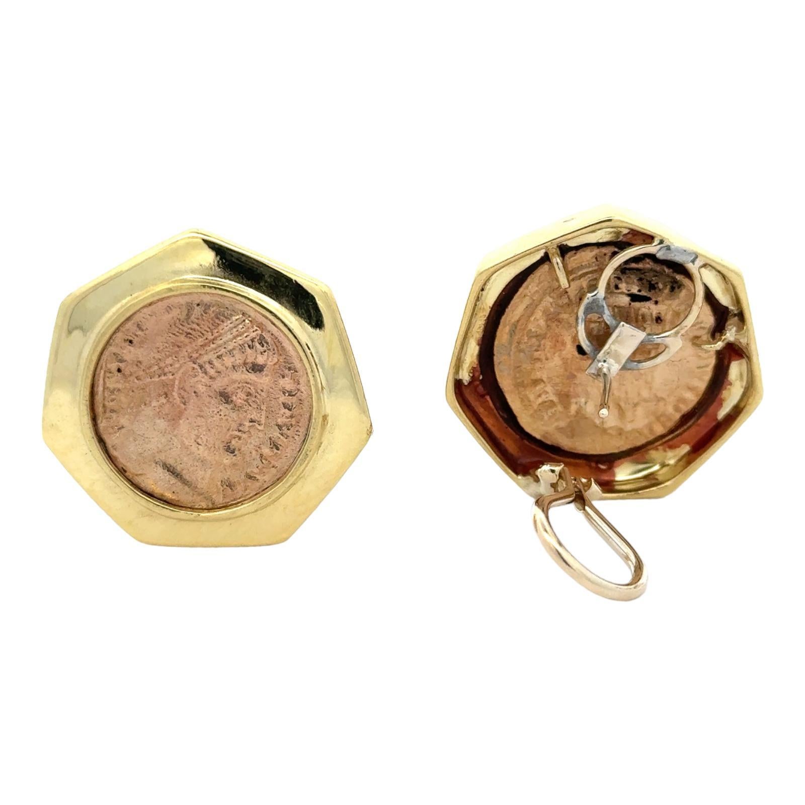Women's Ancient Coin 18 Karat Yellow Gold Heptagon Leverback Vintage Earrings