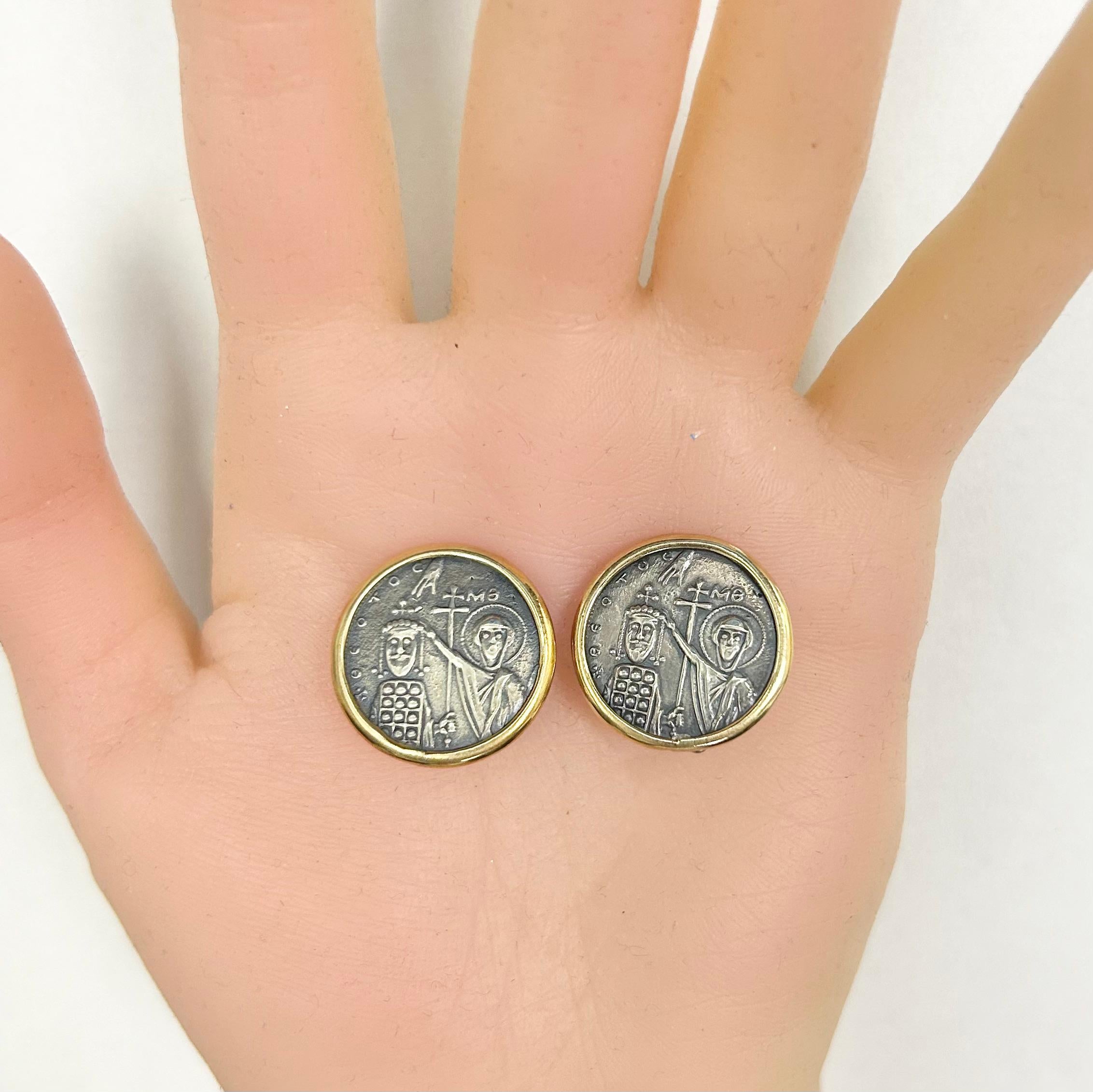 19th century ancient coin 18k ear clip earrings, stamped 750, 925 and 18k gold frame, approx 21 diameters