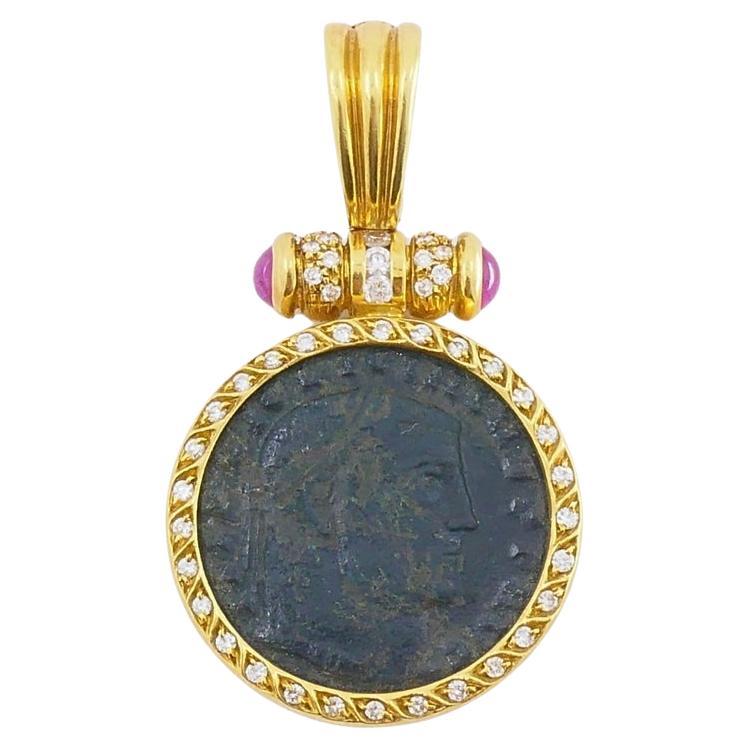 Pièce de monnaie ancienne or 18k  Diamant  Pendentif Rubis en vente