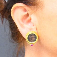 Ancient Coin 18k Gold Earrings Ruby