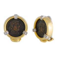 Ancient Coin and Diamond Yellow and White Gold Clip-On Earrings