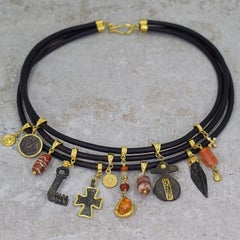 Ancient Coin, Artifacts, Agate and Fire Opal 3-Strand Leather Necklace