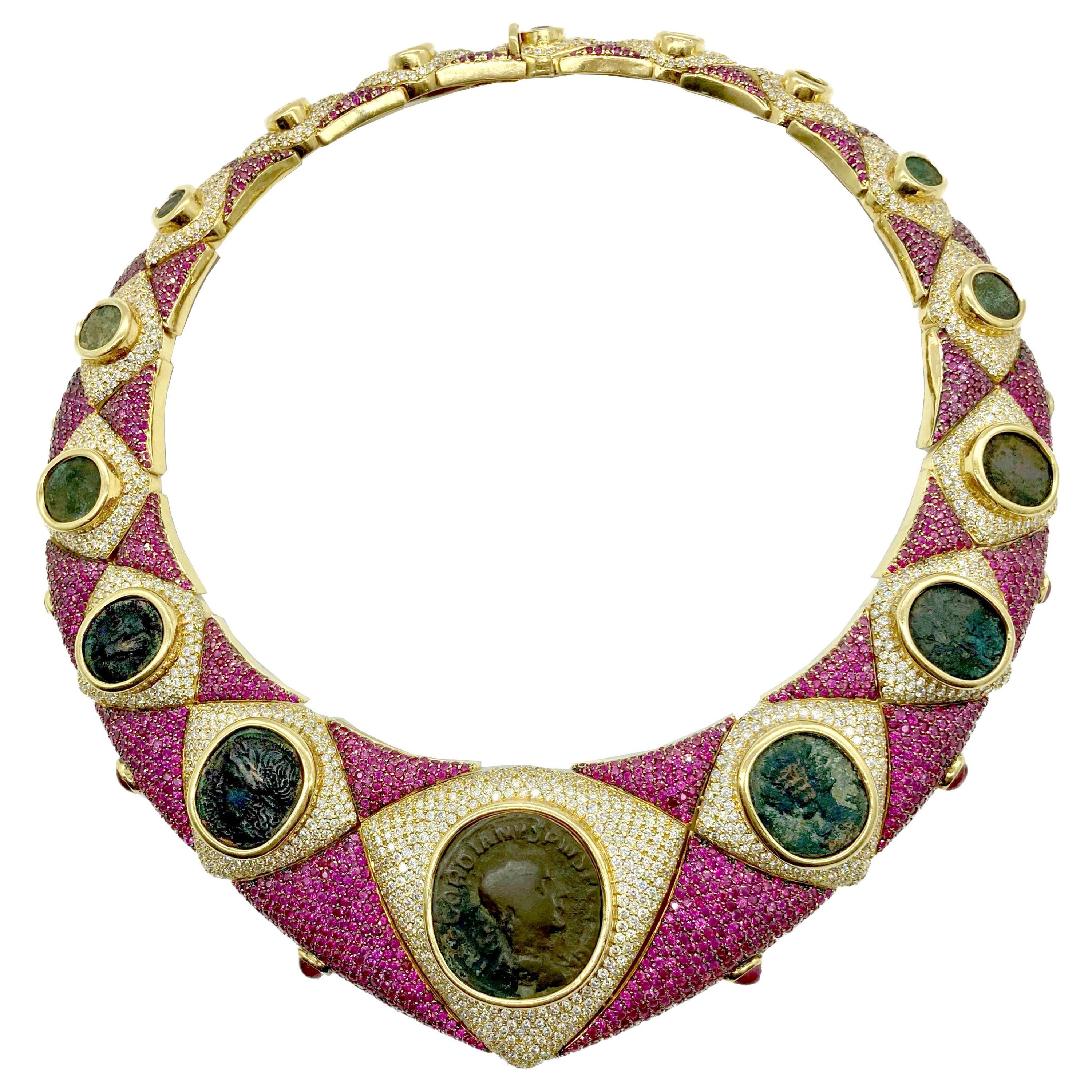 Ancient Coin, Diamond, and Rubelite Yellow Gold Statement Necklace For Sale