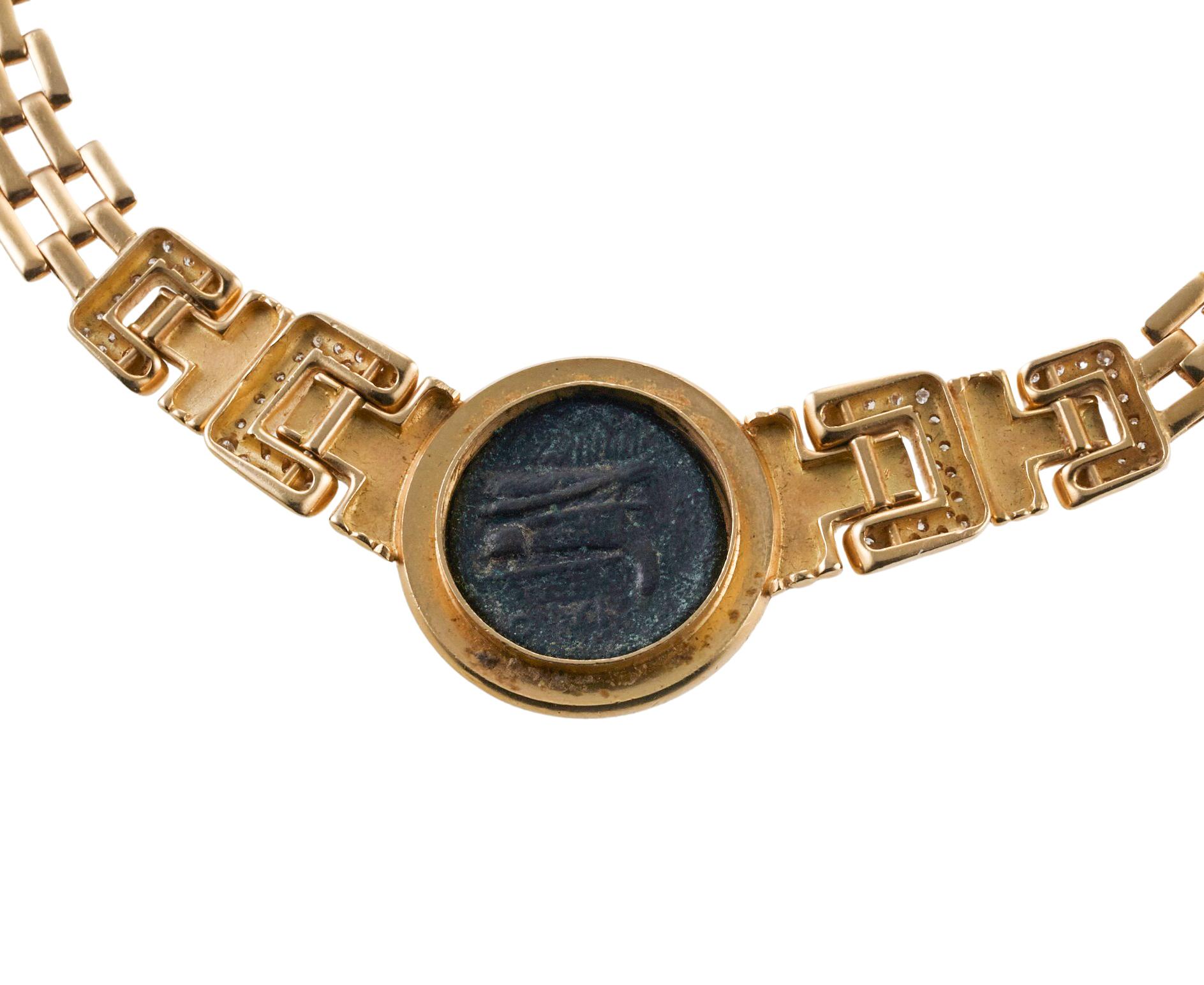 Women's Ancient Coin Diamond Gold Pendant Necklace For Sale