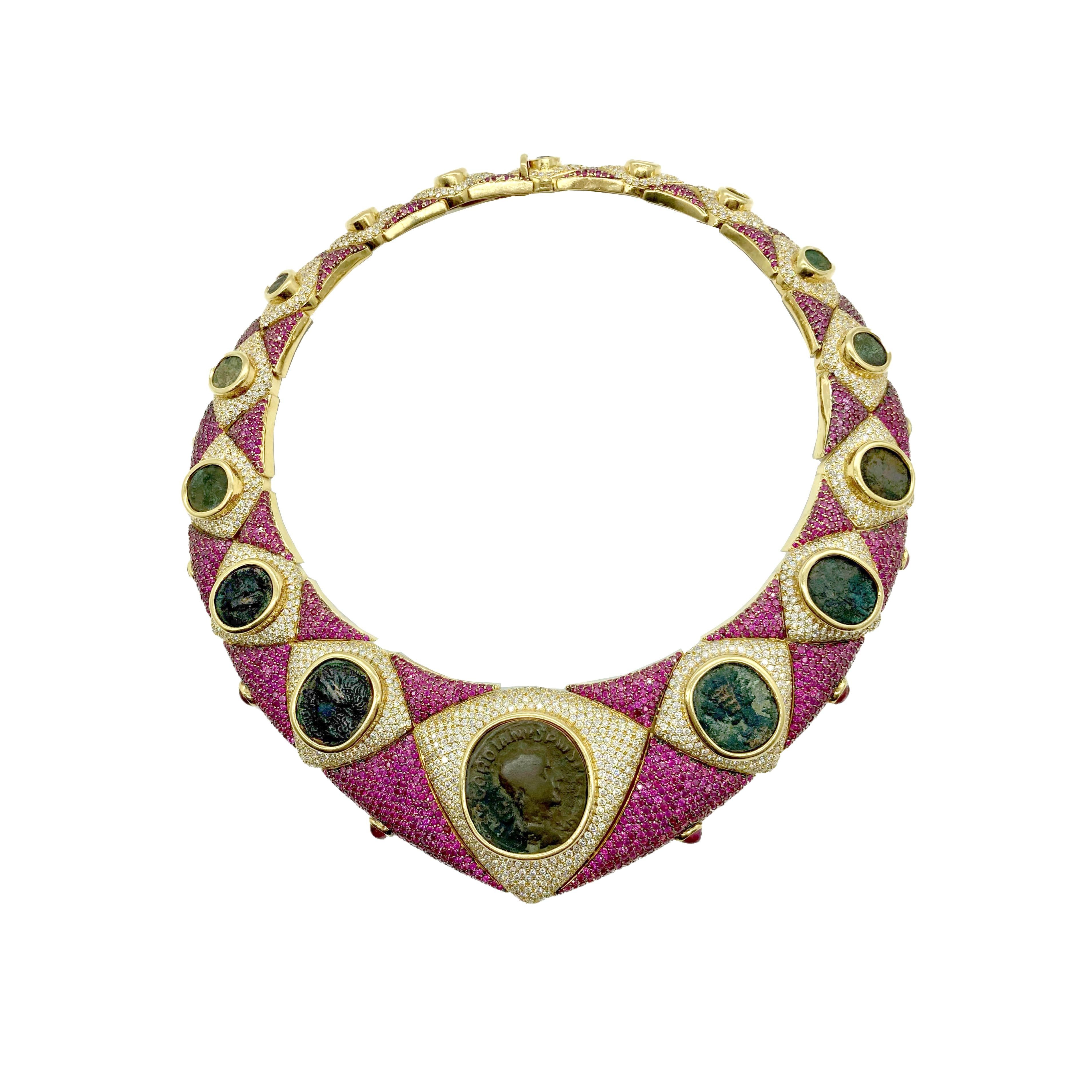 Mixed Cut Ancient Coin, Diamond, and Rubelite Yellow Gold Statement Necklace For Sale