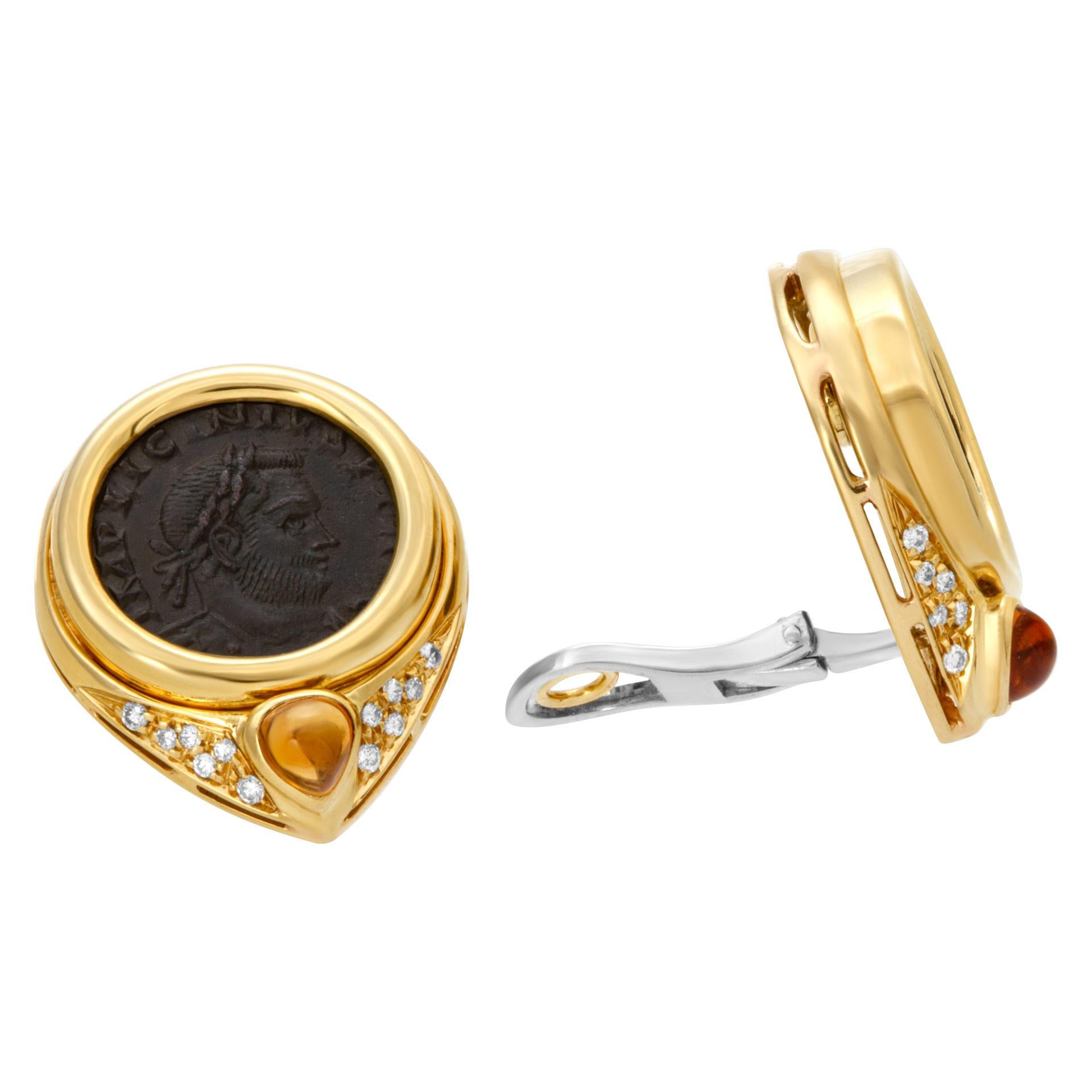 ESTIMATED RETAIL: $4,200 YOUR PRICE: $2,340 - Ancient coin earrings in 18k with pave diamonds and citrines cabochon accents. Omega clips. 28mm length x 23mm width.