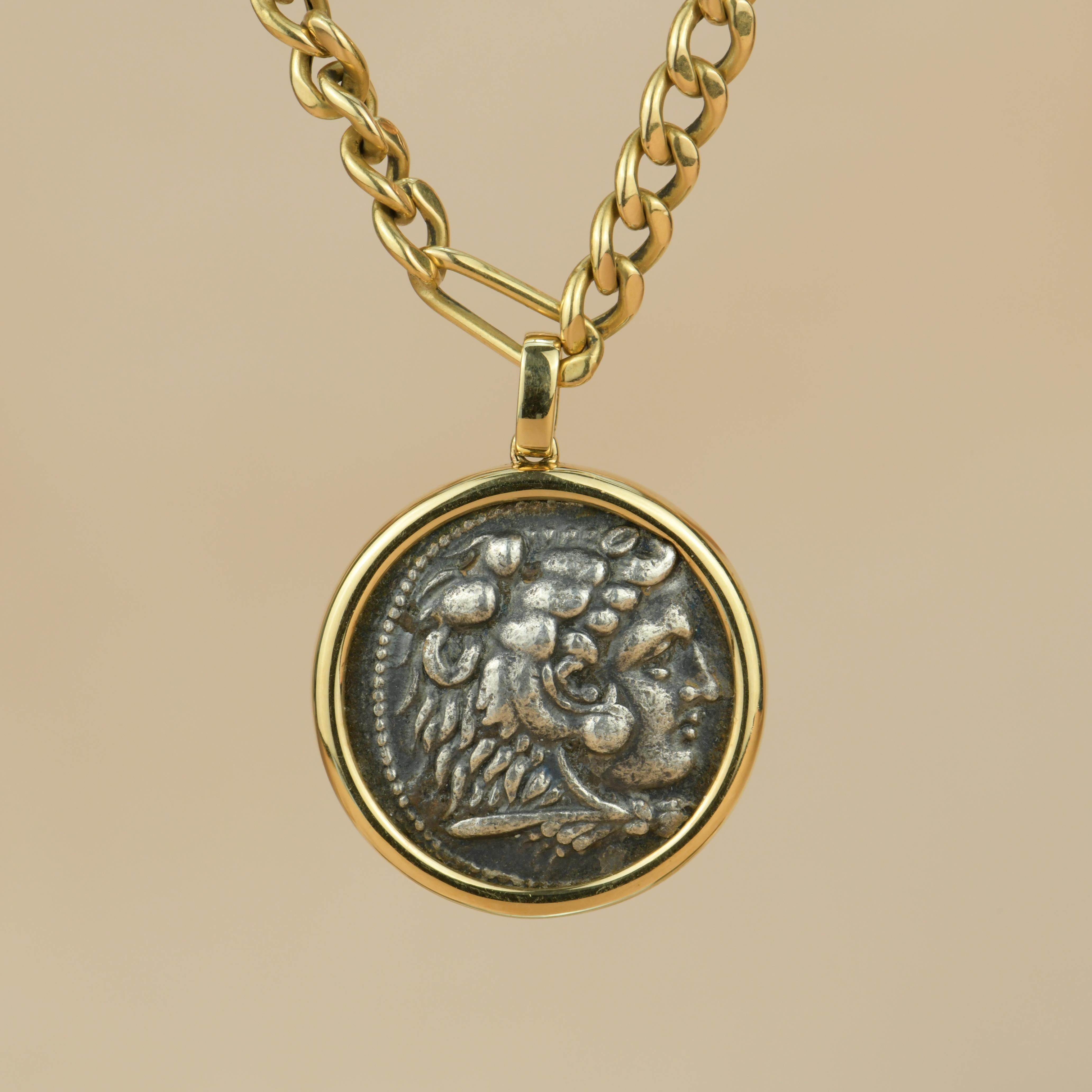 This big ancient coin was issued by Amphipolis Mint dates in 336-323 B.C. in an excellent condition. 

The chain is made in  18k yellow gold. 

This gorgeous necklace is perfect for everyday wear and will always be a timeless and wearable work of