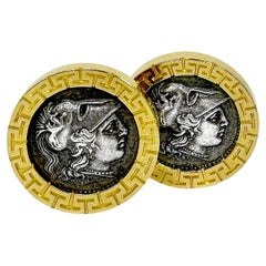 Vintage Ancient Coin Tribute Earrings with 14K Yellow Gold Greek Key Frames 7/8 Inch