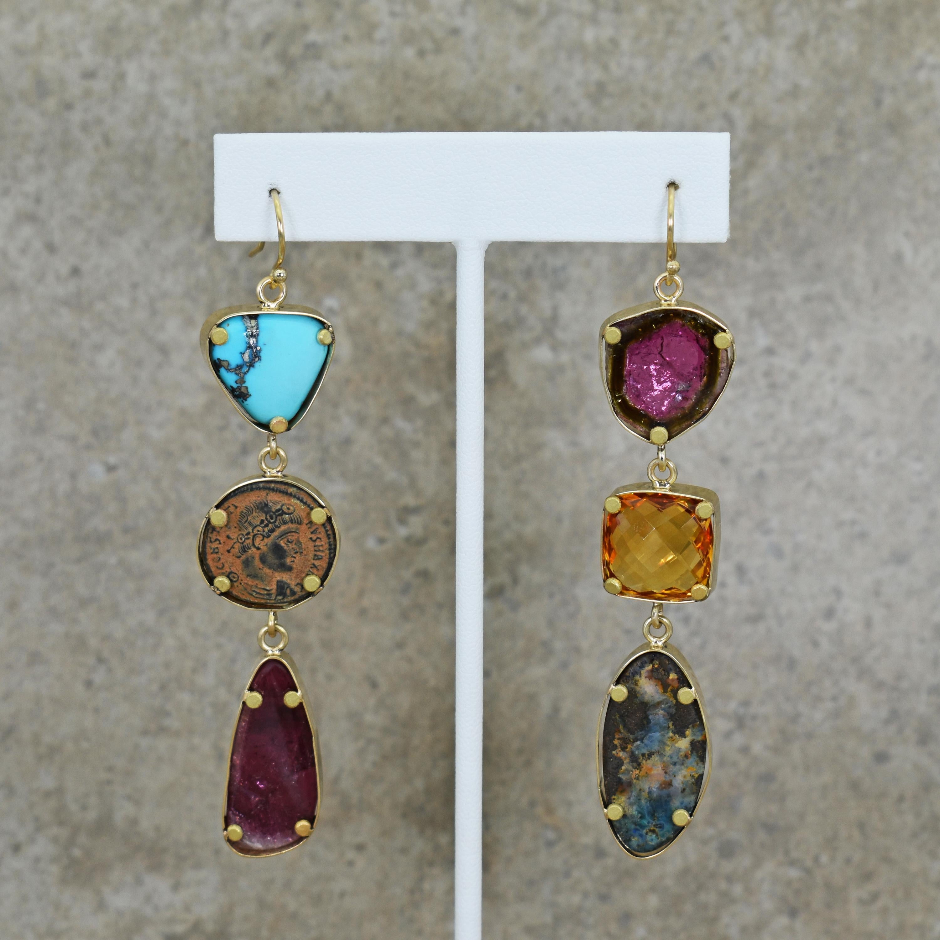 Sleeping Beauty Turquoise, Ancient Roman bronze coin, Russian Pink and Watermelon Tourmaline, Citrine, and Australian Boulder Opal 18k yellow gold asymmetrical dangle earrings. Ancient Roman coin is Constantine I the Great; Gloria Exercitvs (334-335