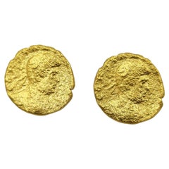 Ancient Coins Gold Plate Silver Design Artist Hand Made Stud Earrings