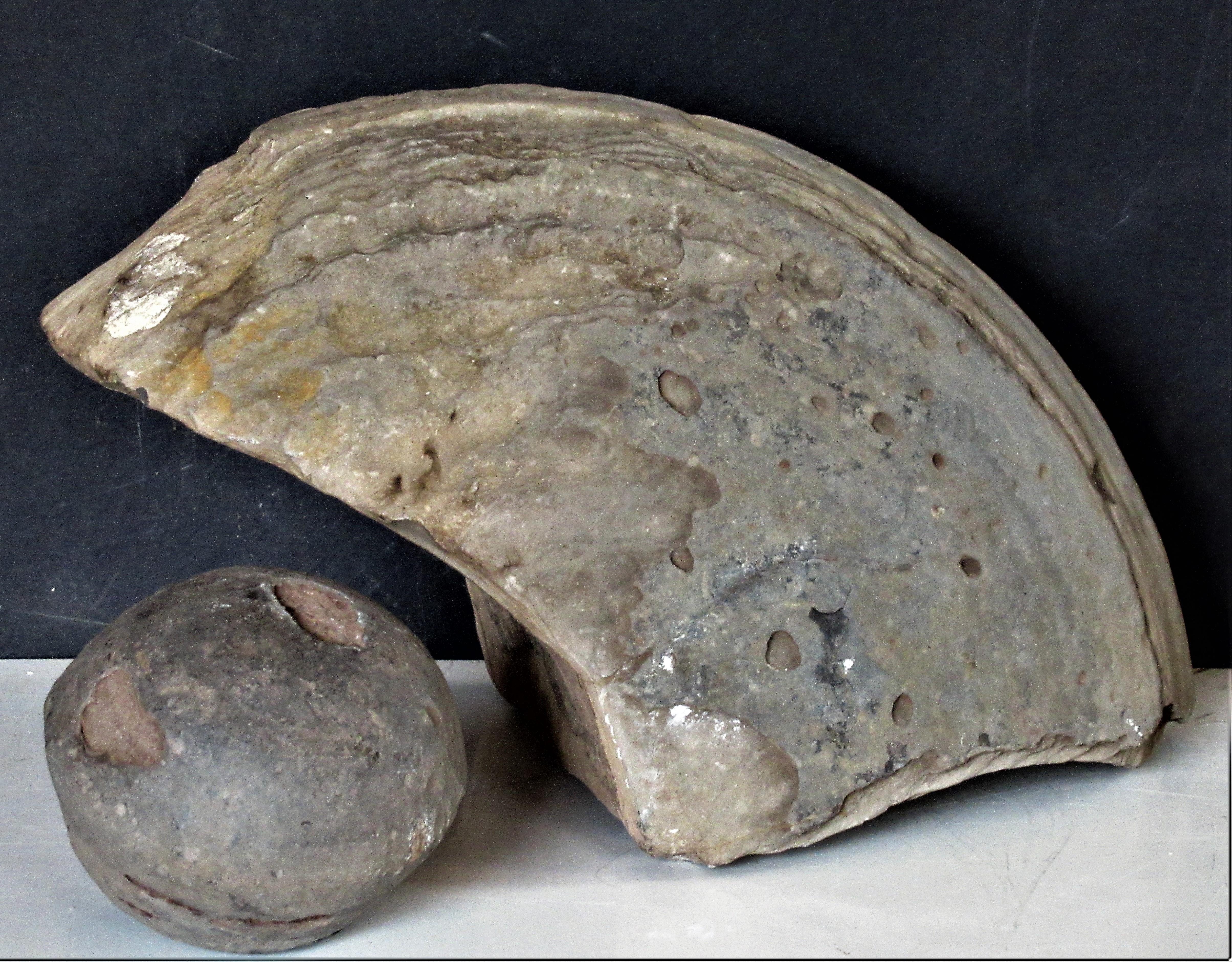 Two concretions, antique geological specimens. One large shell form and one small round. A concretion is a compact mass of mineral matter, a geological phenomenon in all types of sedimentary rock which includes sandstone, shale, siltstone, ironstone