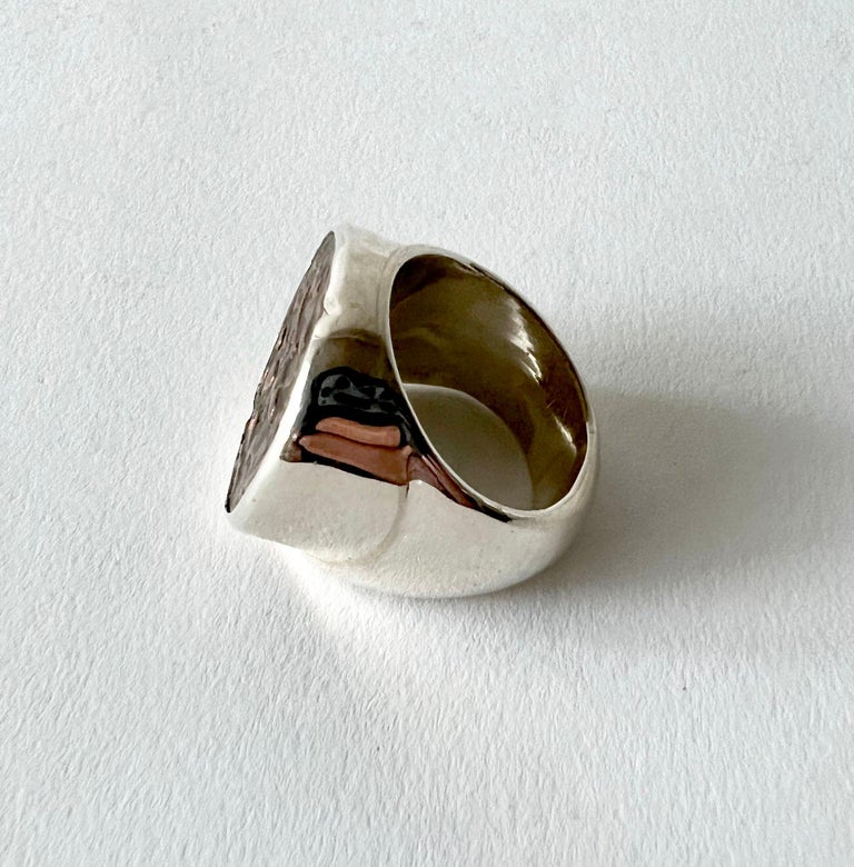 Contemporary Ancient Copper East Indian Coin and Sterling Silver Ring Gentlemans Ring For Sale