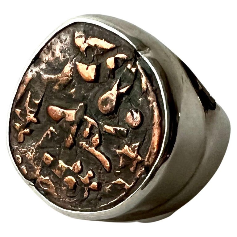 Ancient Copper East Indian Coin and Sterling Silver Ring Gentlemans Ring For Sale