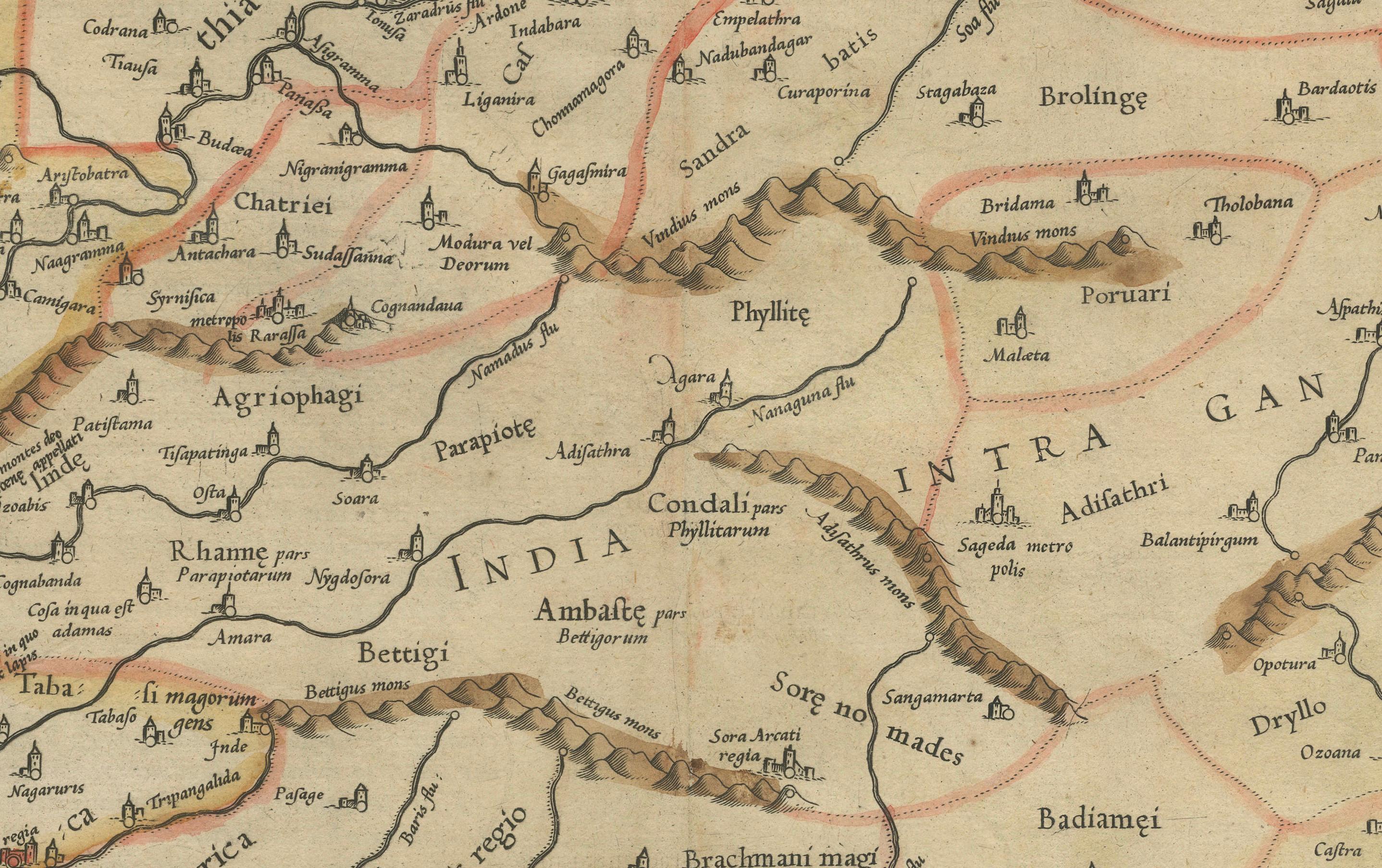 Engraved Ancient Course of the Ganges: A First Ptolemaic Map of India by Mercator, c.1584 For Sale