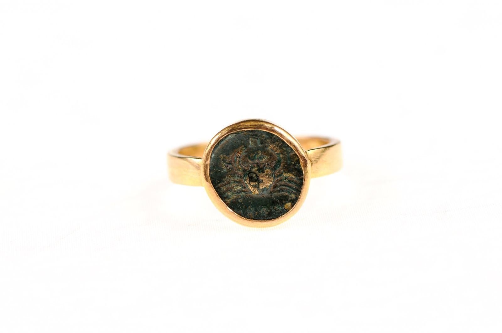 Classical Greek Ancient Crab Coin in 22k Ring, Size 7 For Sale