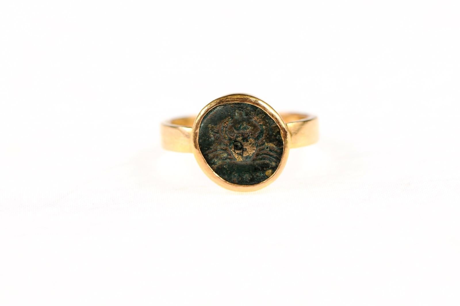 Ancient Crab Coin in 22k Ring, Size 7 In Excellent Condition For Sale In Atlanta, GA