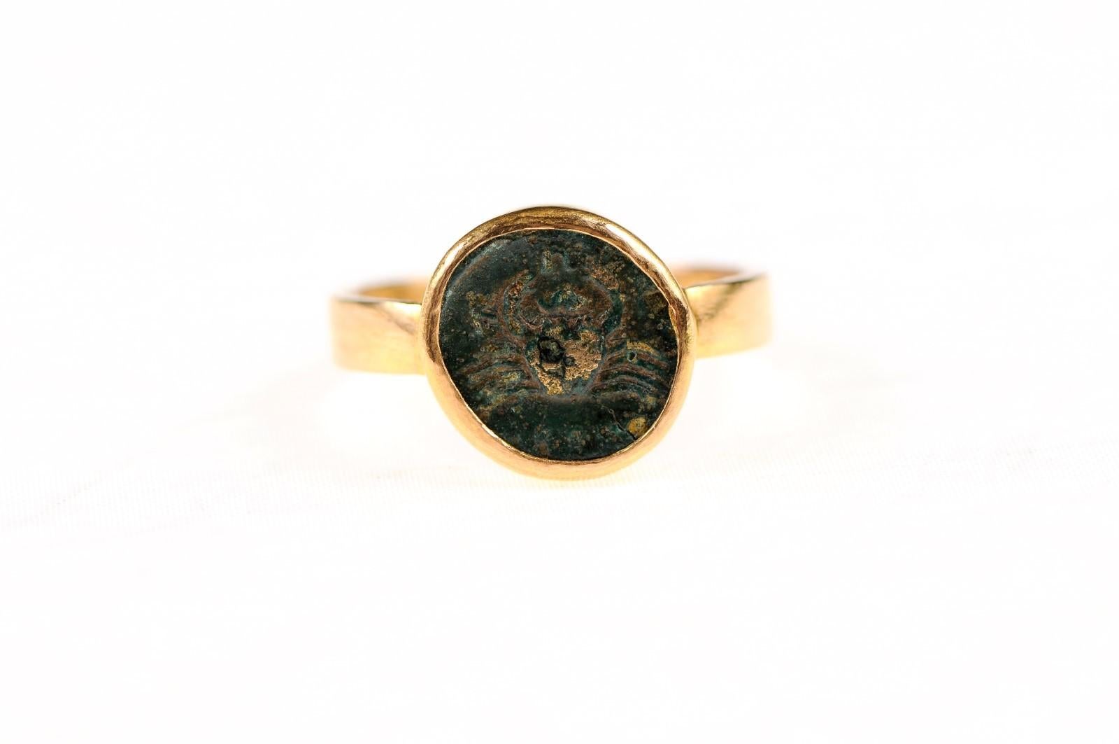 Women's or Men's Ancient Crab Coin in 22k Ring, Size 7 For Sale