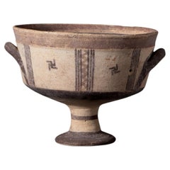 Ancient Cypriot Pedestal Bichrome Pottery Bowl with Geometric Decoration