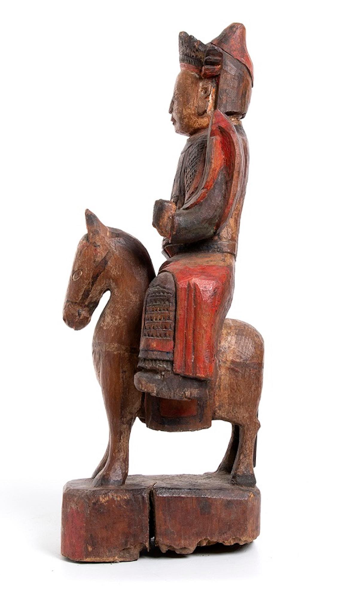 Deity on horse, Qing dynasty, China is an original artwork realized in China during the Qing dynasty.

Handmade Chinese painted wood.

Provenance: Private collection.

Good conditions. 

Small interesting painted wood work representing a