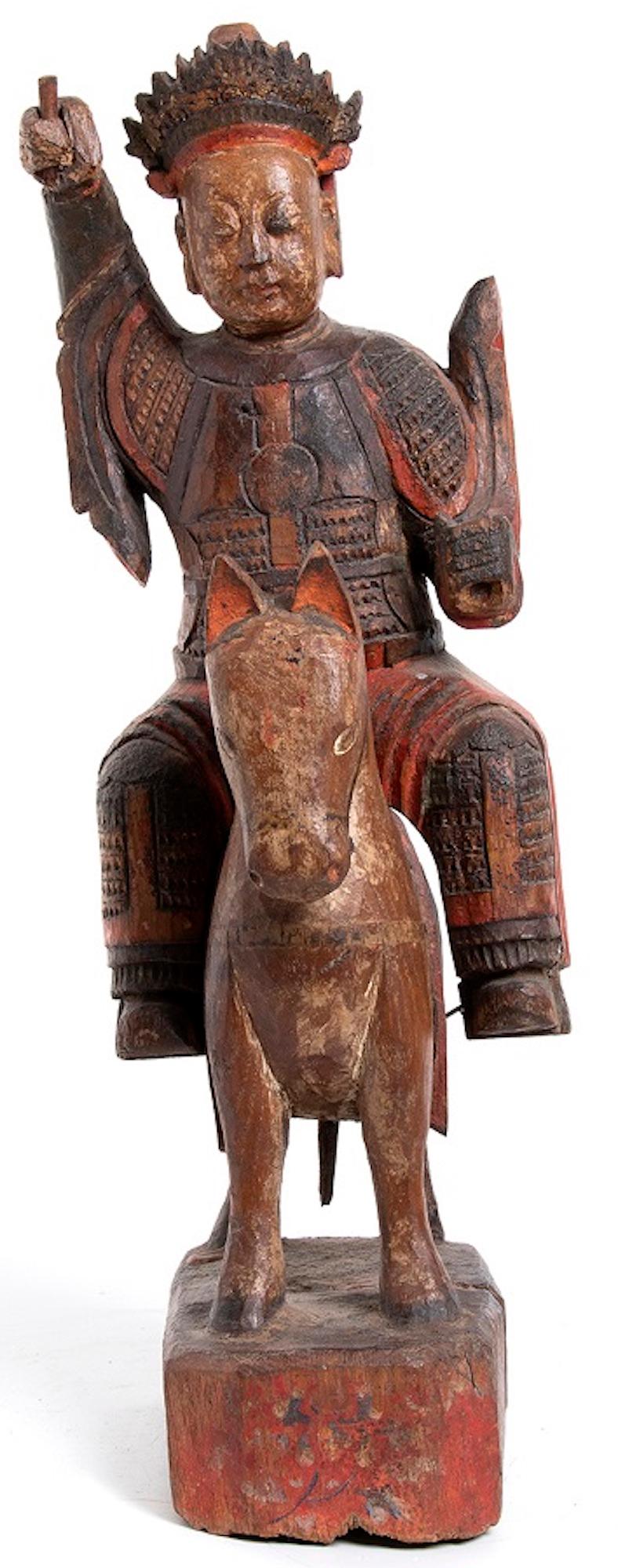 Hand-Carved Ancient Deity on Horse, Qing Dynasty, China