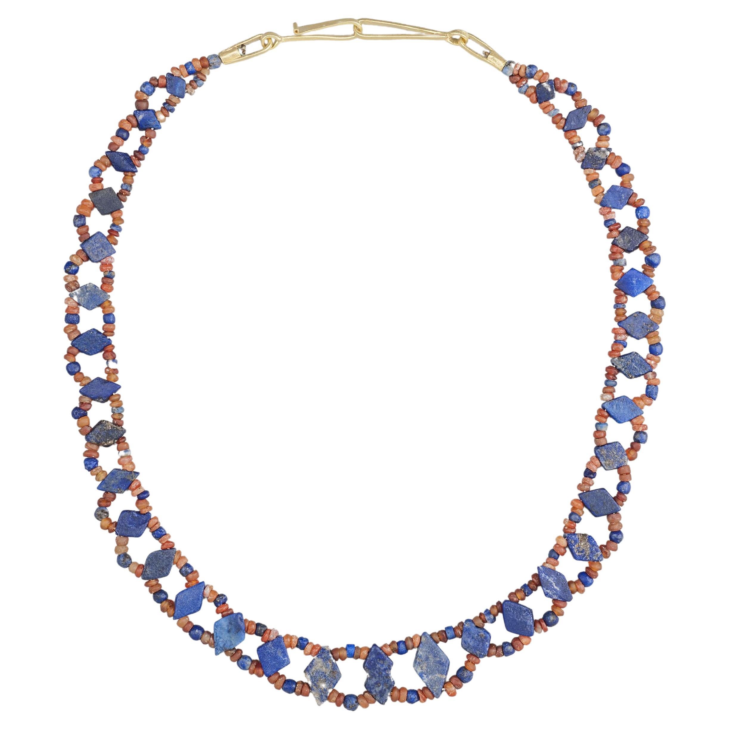 Ancient Double Stranded Choker of Lapis Lazuli, Carnelian, with 20k Gold Clasp