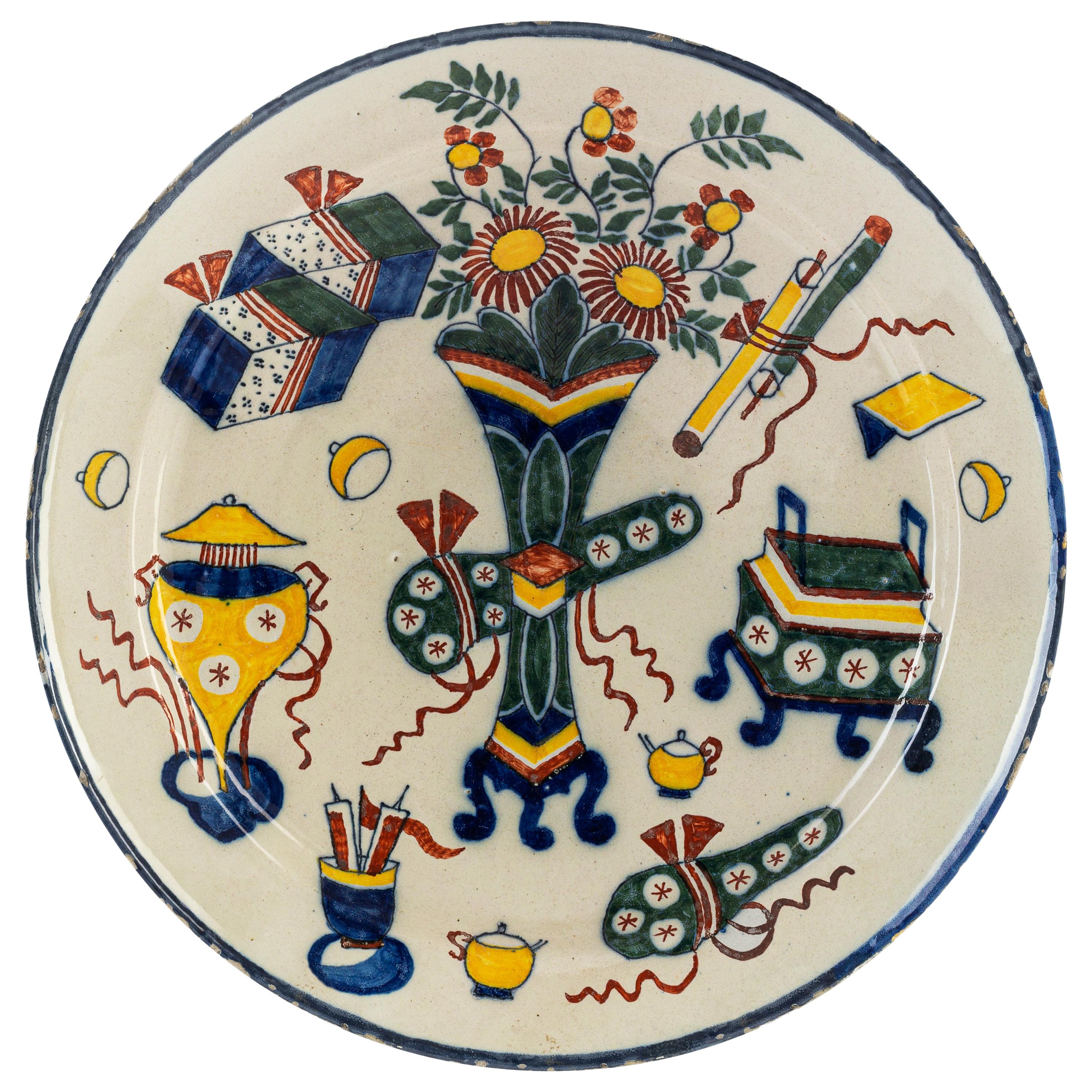 Ancient Dutch Porcelain Plate, in Polychrome Dutch Delfware, Late 18th Century
